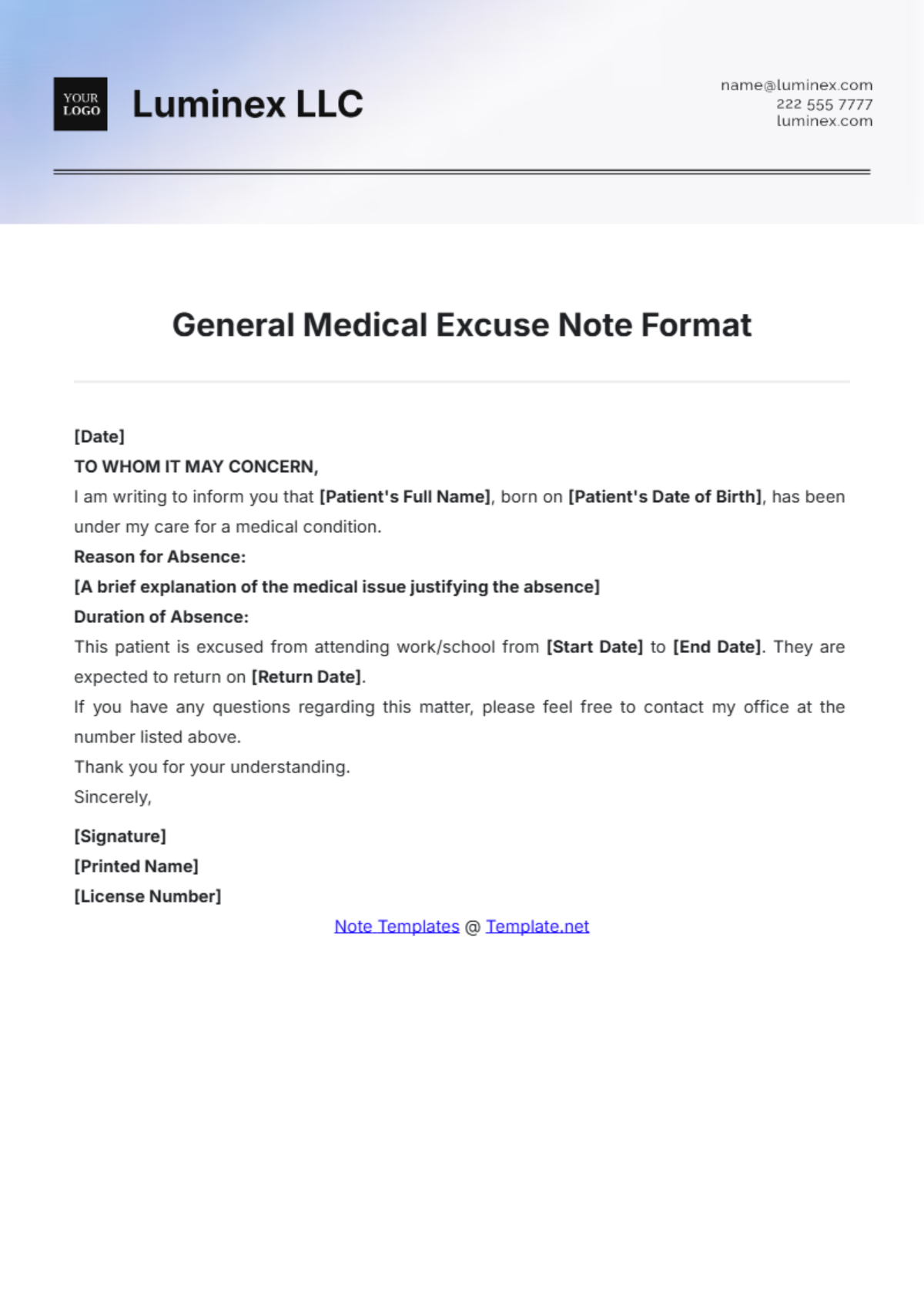 General Medical Excuse Note Format Template - Edit Online & Download