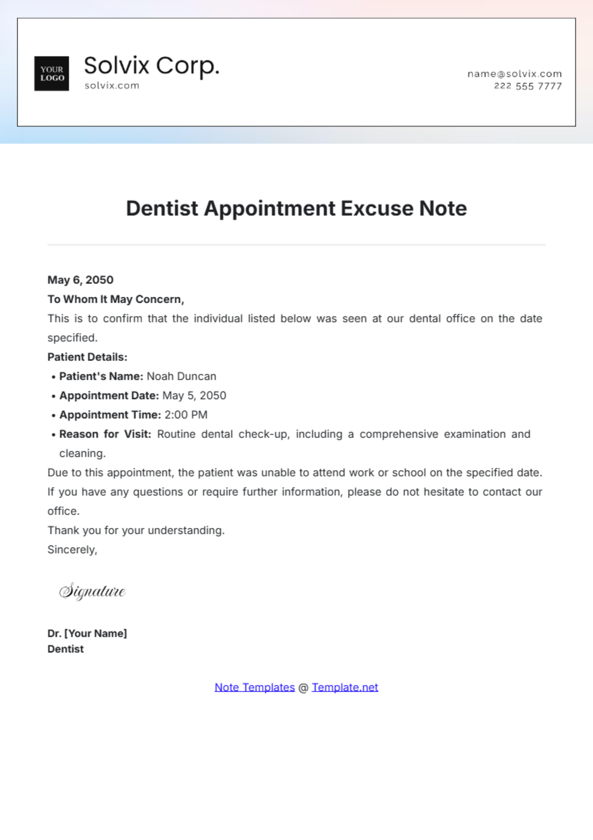 Dentist Appointment Excuse Note Template - Edit Online & Download