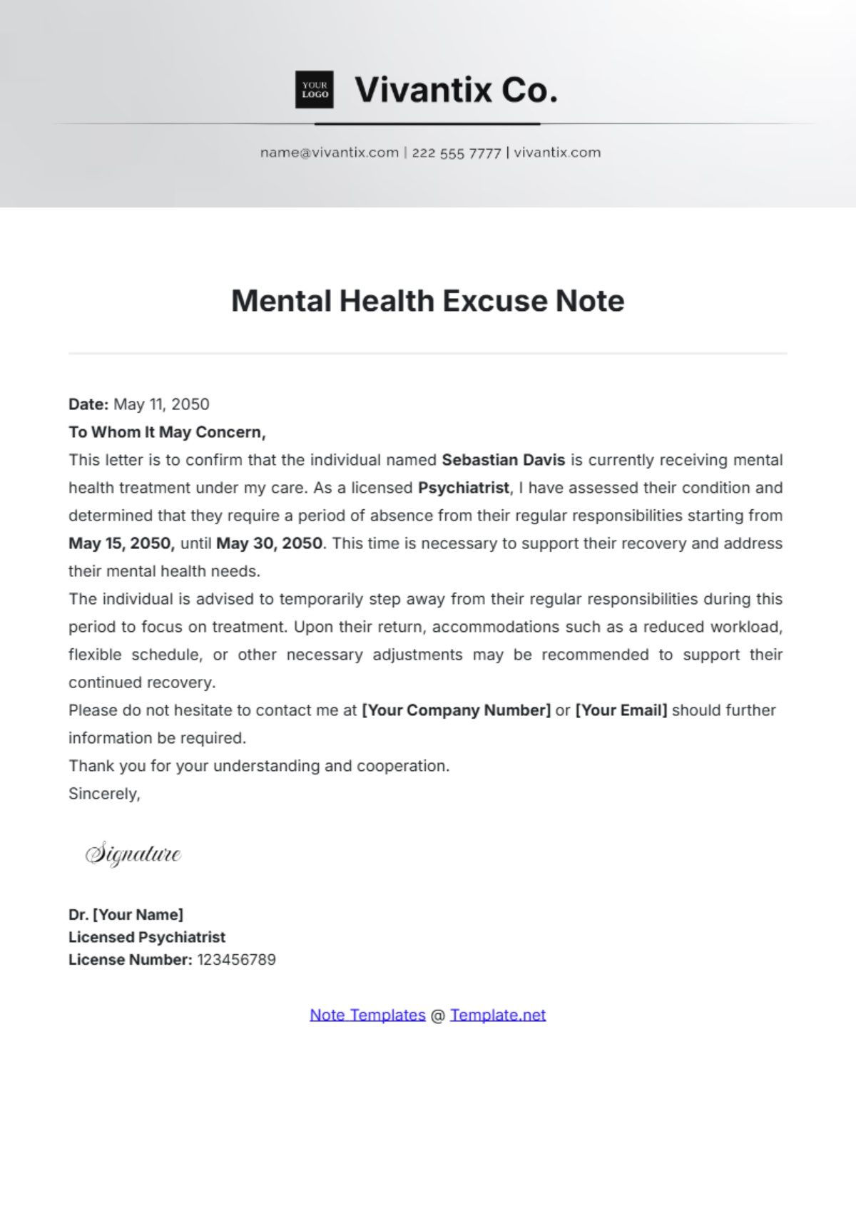 Mental Health Excuse Note Template - Edit Online & Download