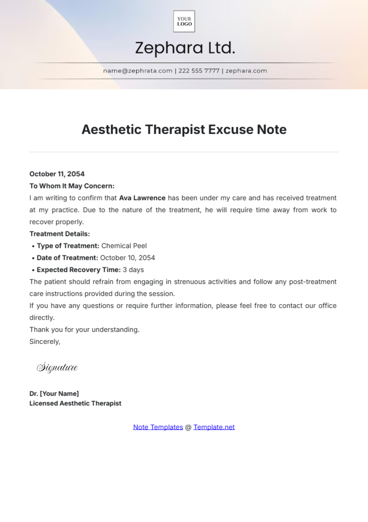 Aesthetic Therapist Excuse Note Template - Edit Online & Download