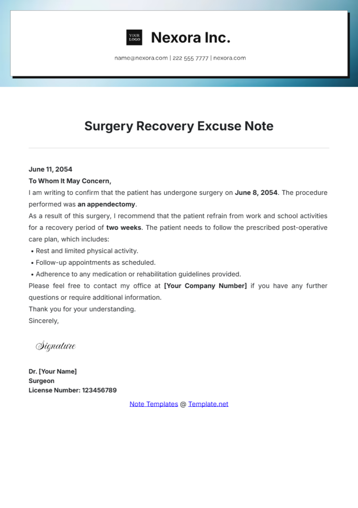 Surgery Recovery Excuse Note Template - Edit Online & Download