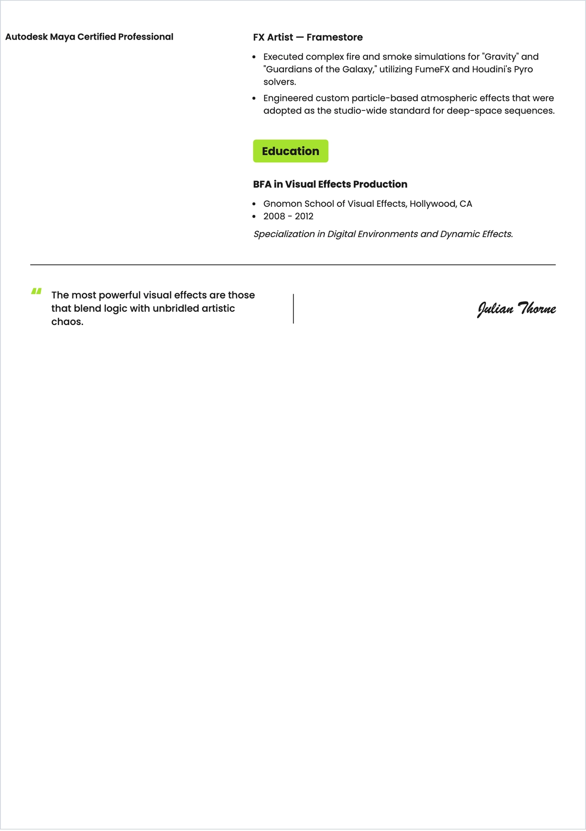 Free VFX Artist ATS Resume Template, AI Resume Builder