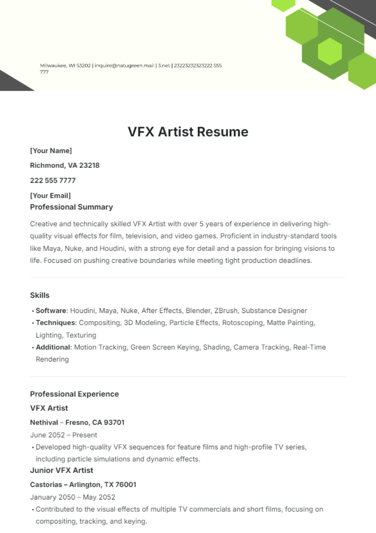 VFX Artist Resume Template - Edit Online & Download