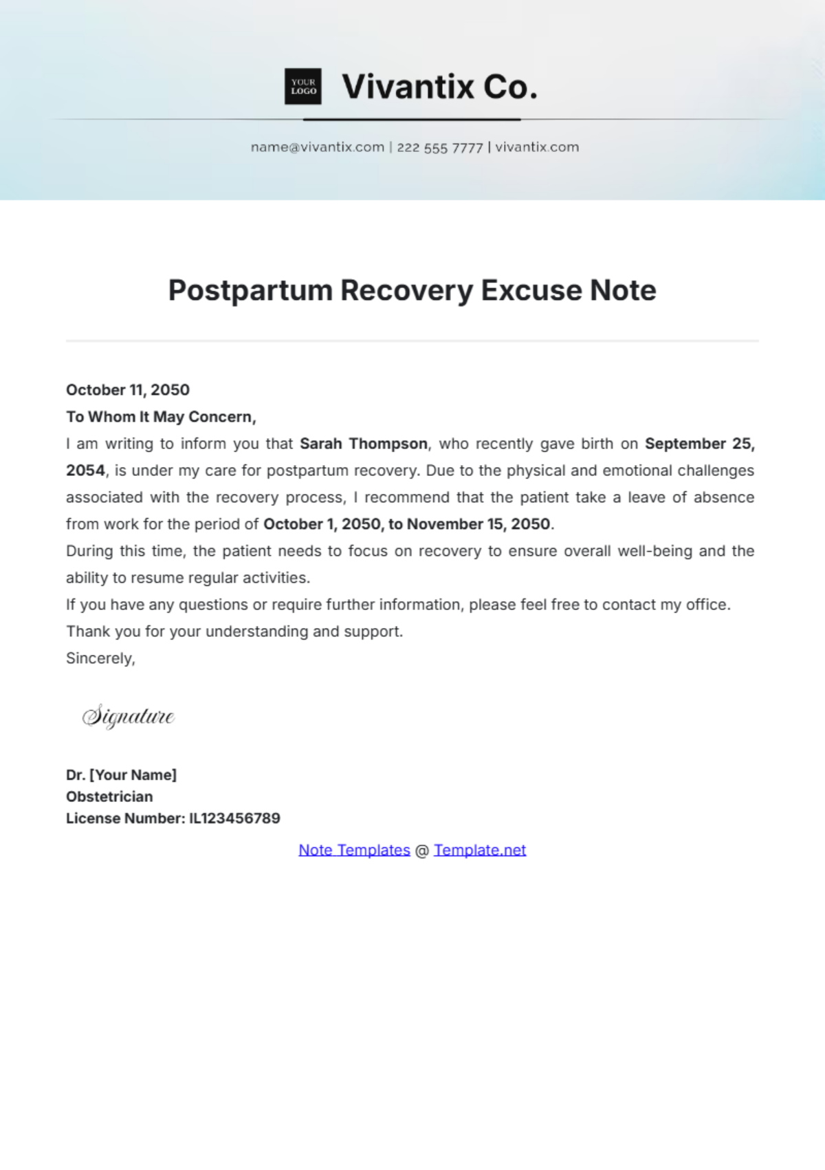 Postpartum Recovery Excuse Note Template - Edit Online & Download