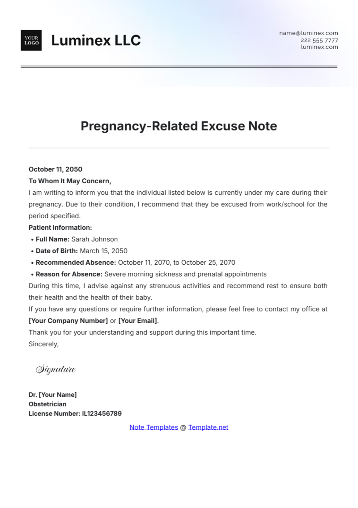 Pregnancy-Related Excuse Note Template - Edit Online & Download