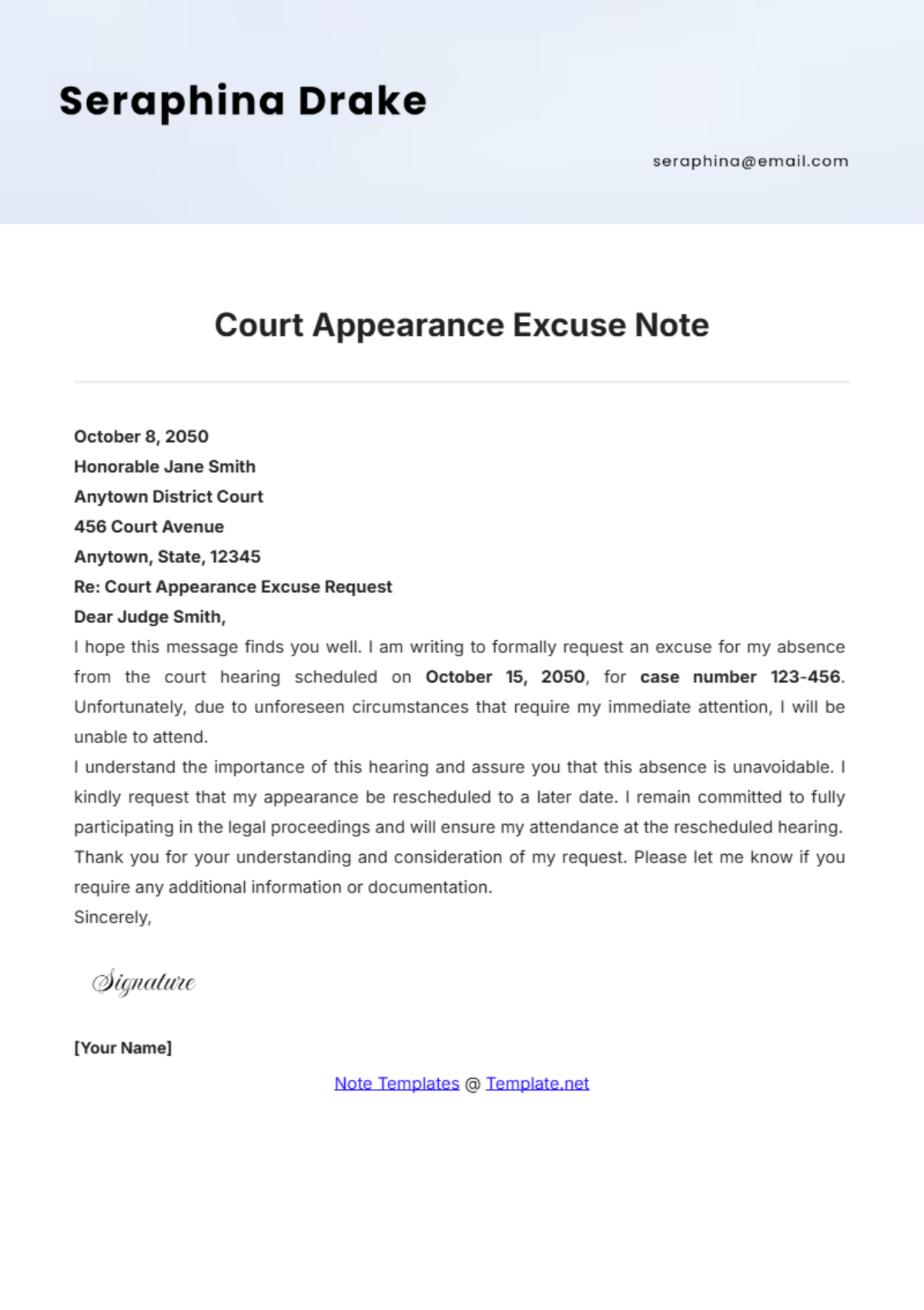 Court Appearance Excuse Note Template - Edit Online & Download