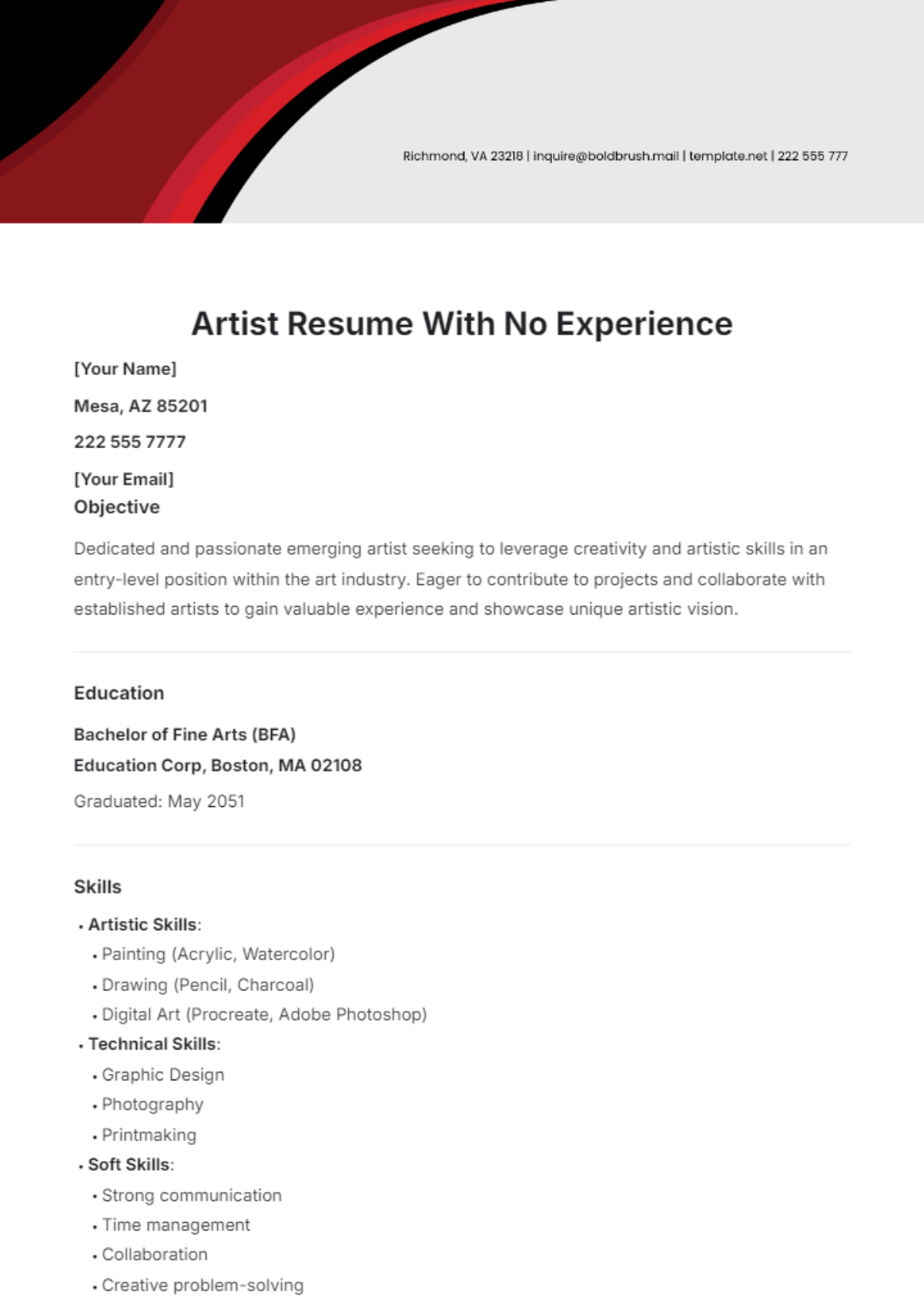 Artist Resume with No Experience Template - Edit Online & Download