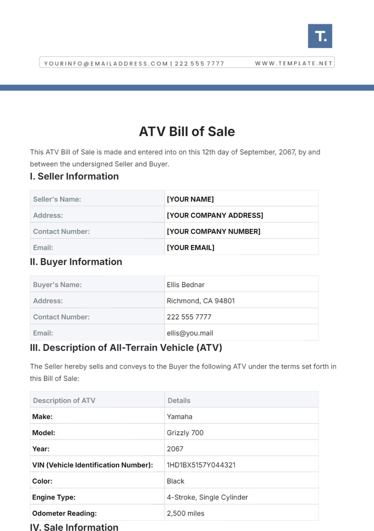 ATV Bill of Sale Template - Edit Online & Download