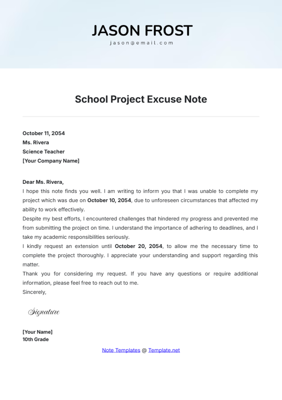 School Project Excuse Note Template - Edit Online & Download