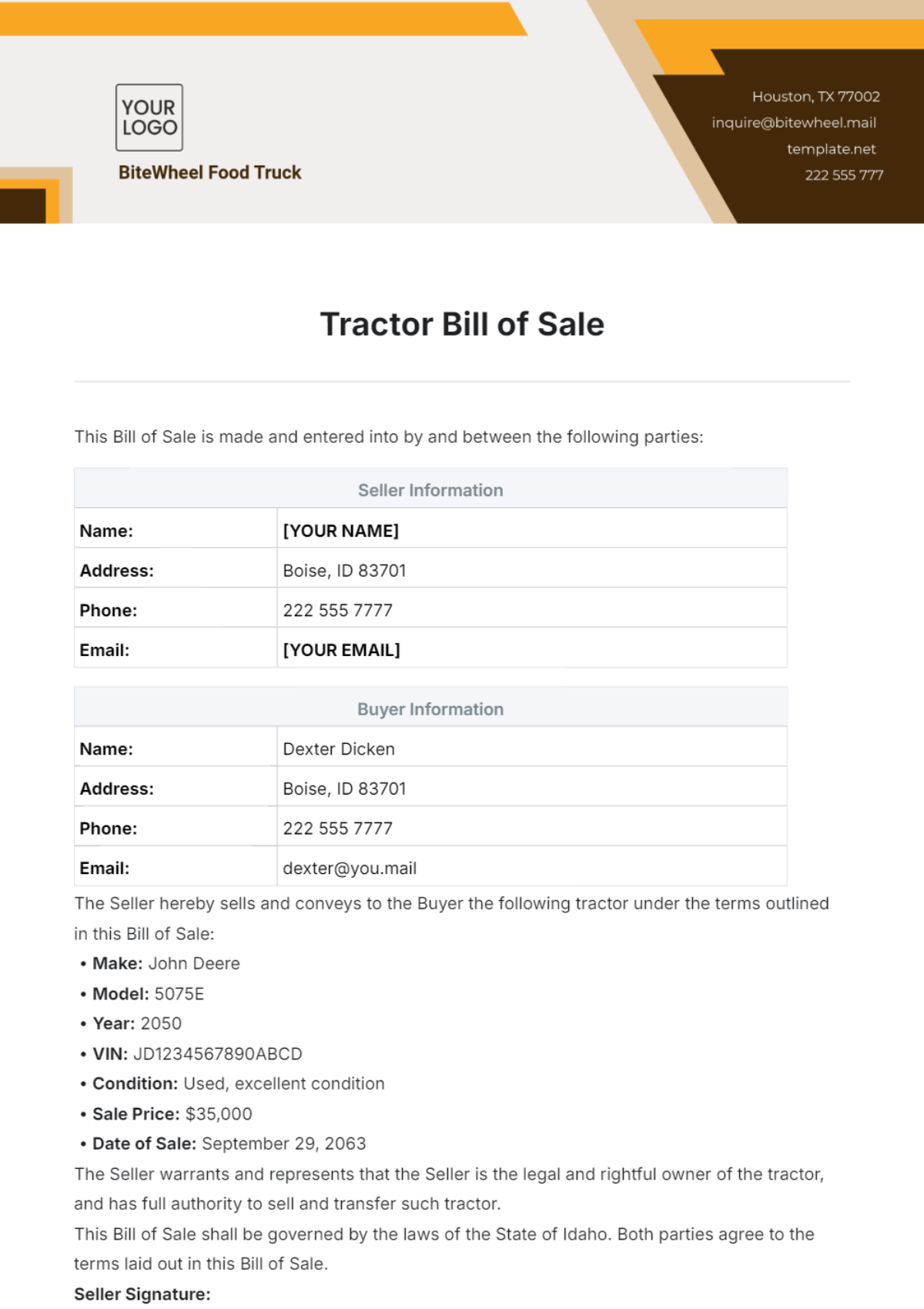 Tractor Bill of Sale Template - Edit Online & Download