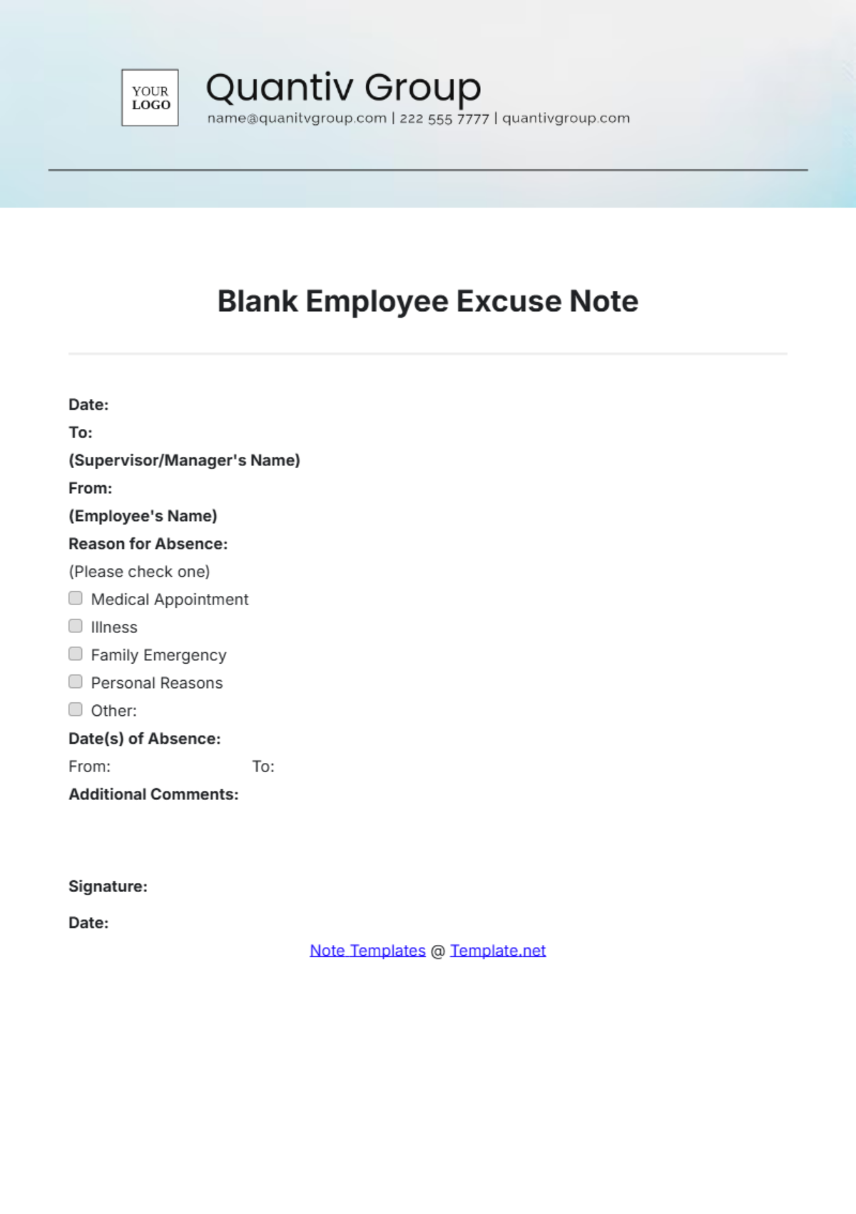 Blank Employee Excuse Note Template - Edit Online & Download