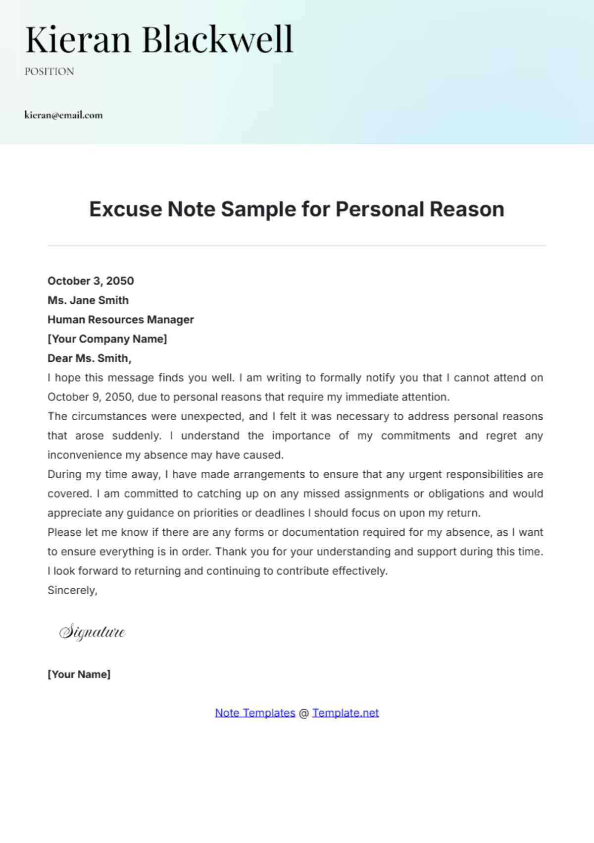 Excuse Note Sample for Personal Reason Template - Edit Online & Download