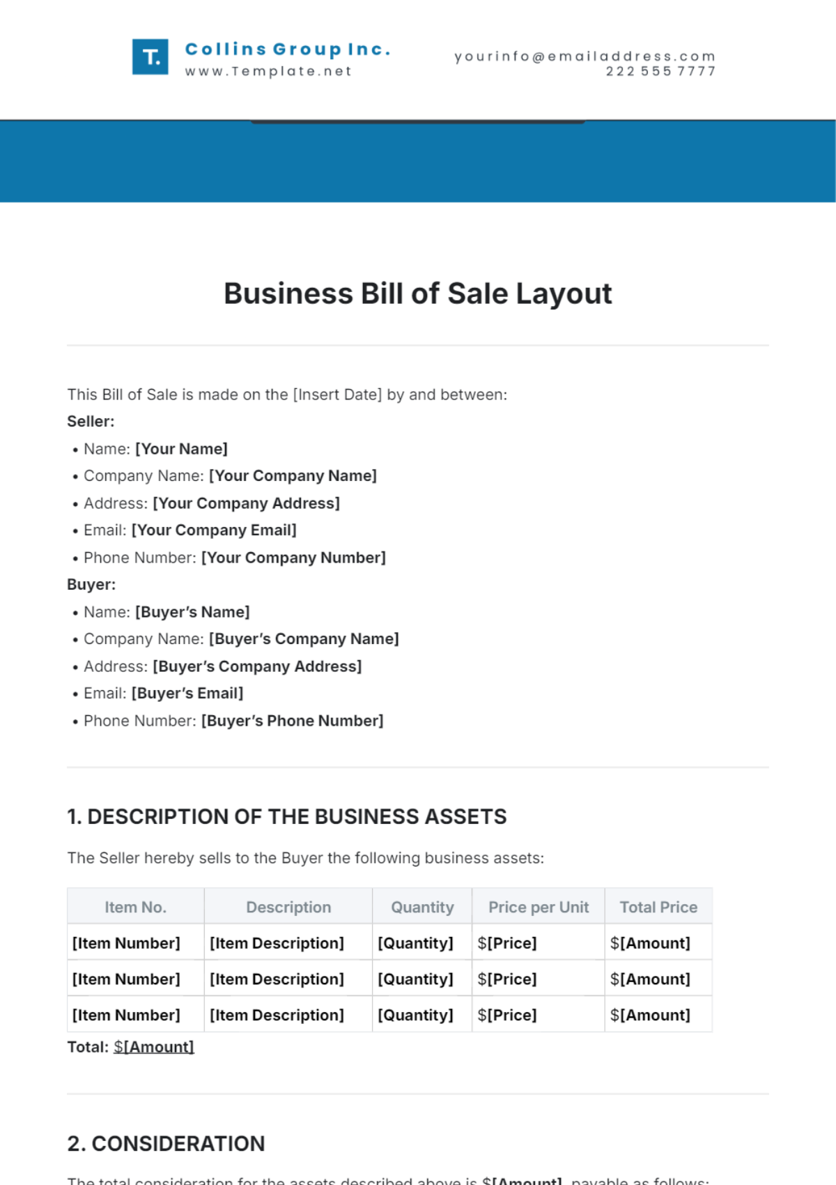 Business Bill of Sale Layout Template - Edit Online & Download