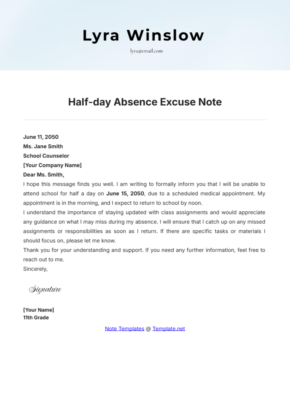 Half-day Absence Excuse Note Template - Edit Online & Download