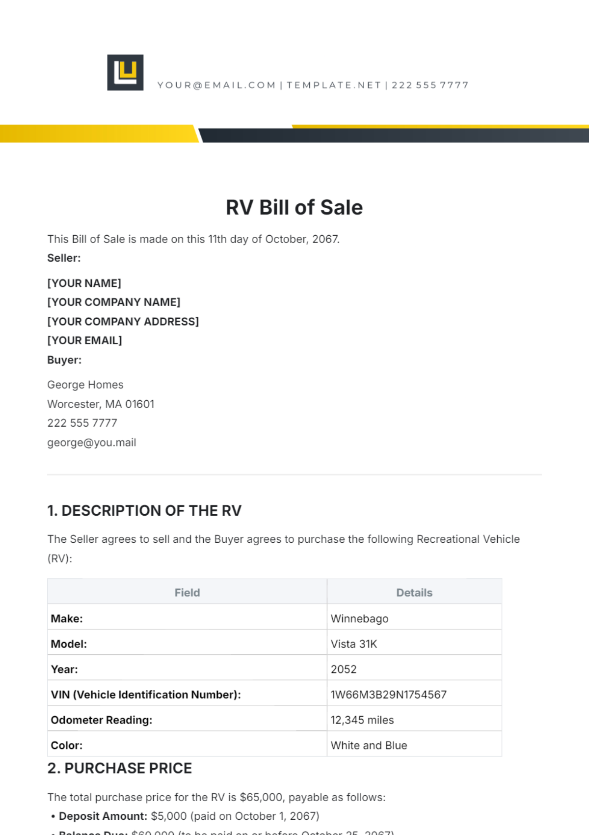 RV Bill of Sale Template - Edit Online & Download