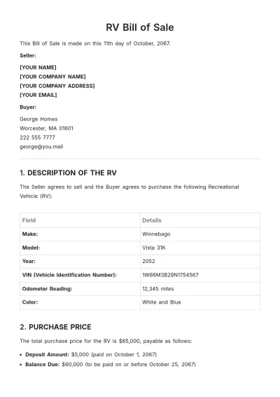 Free RV Bill of Sale Template to Edit Online