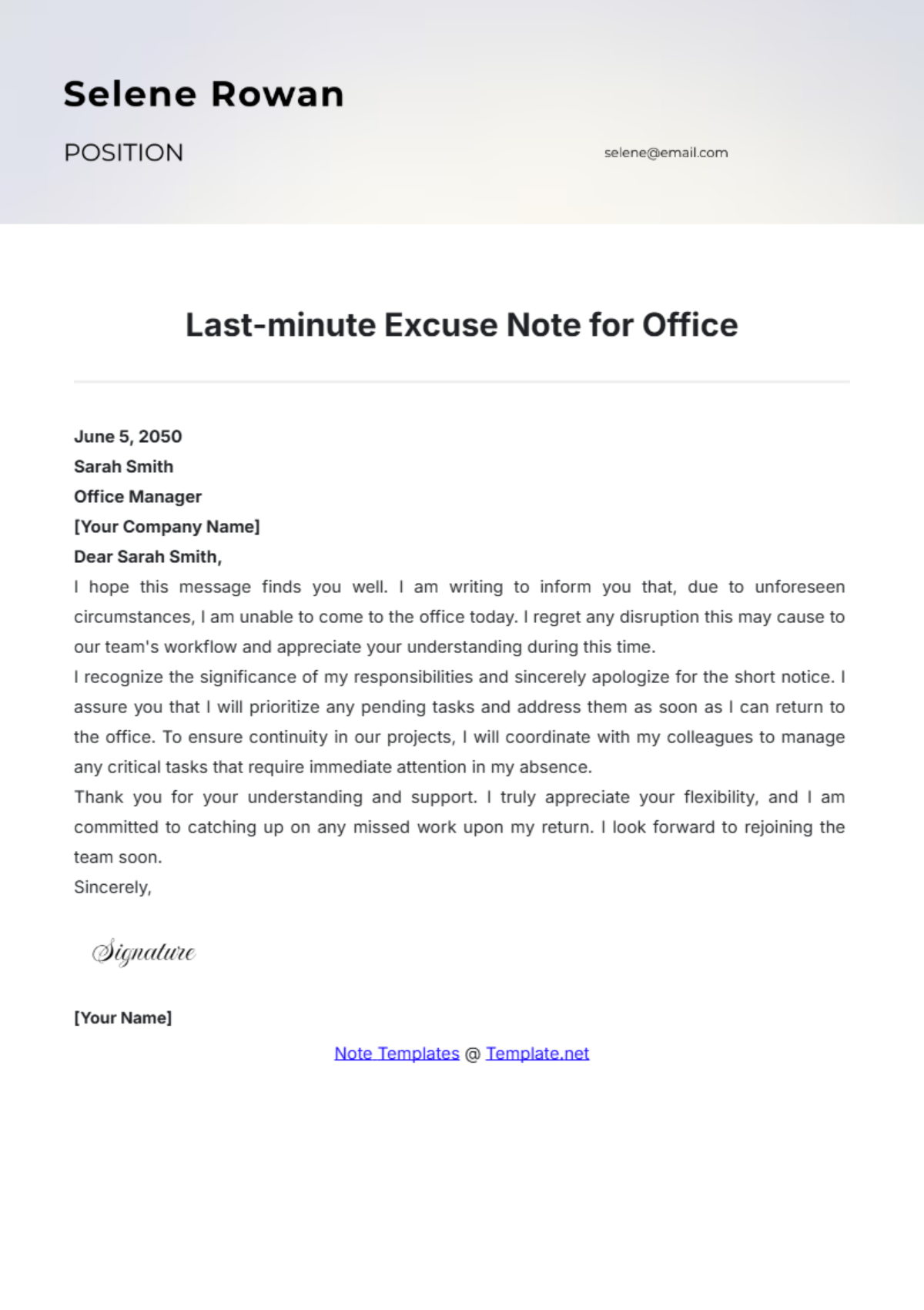 Last-minute Excuse Note for Office Template - Edit Online & Download