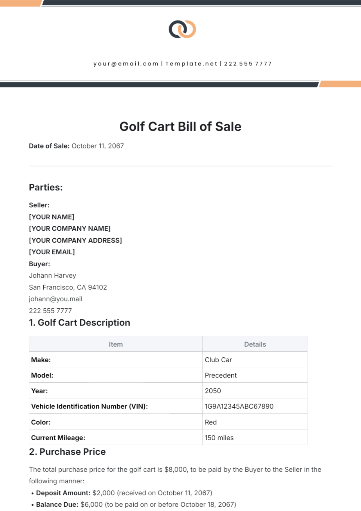 Golf Cart Bill of Sale Template - Edit Online & Download