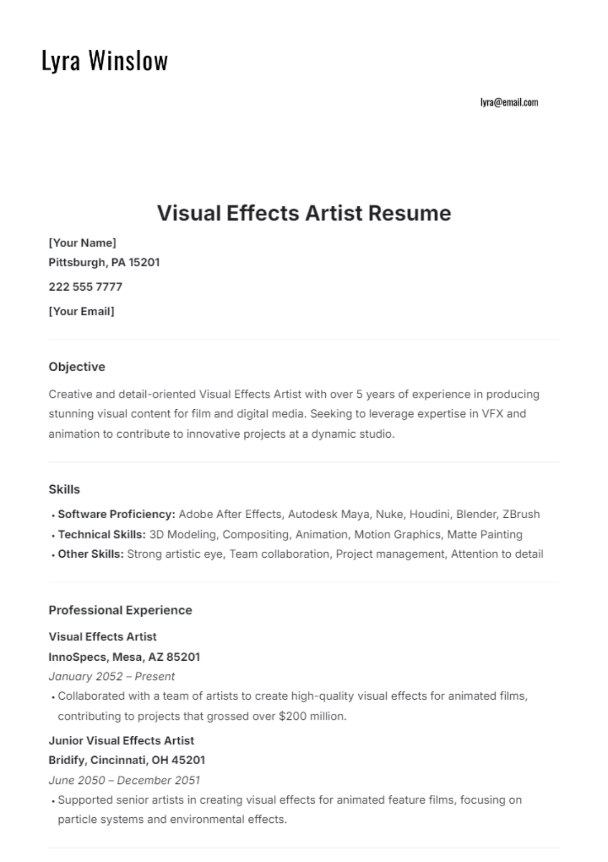 Visual Effects Artist Resume Template - Edit Online & Download