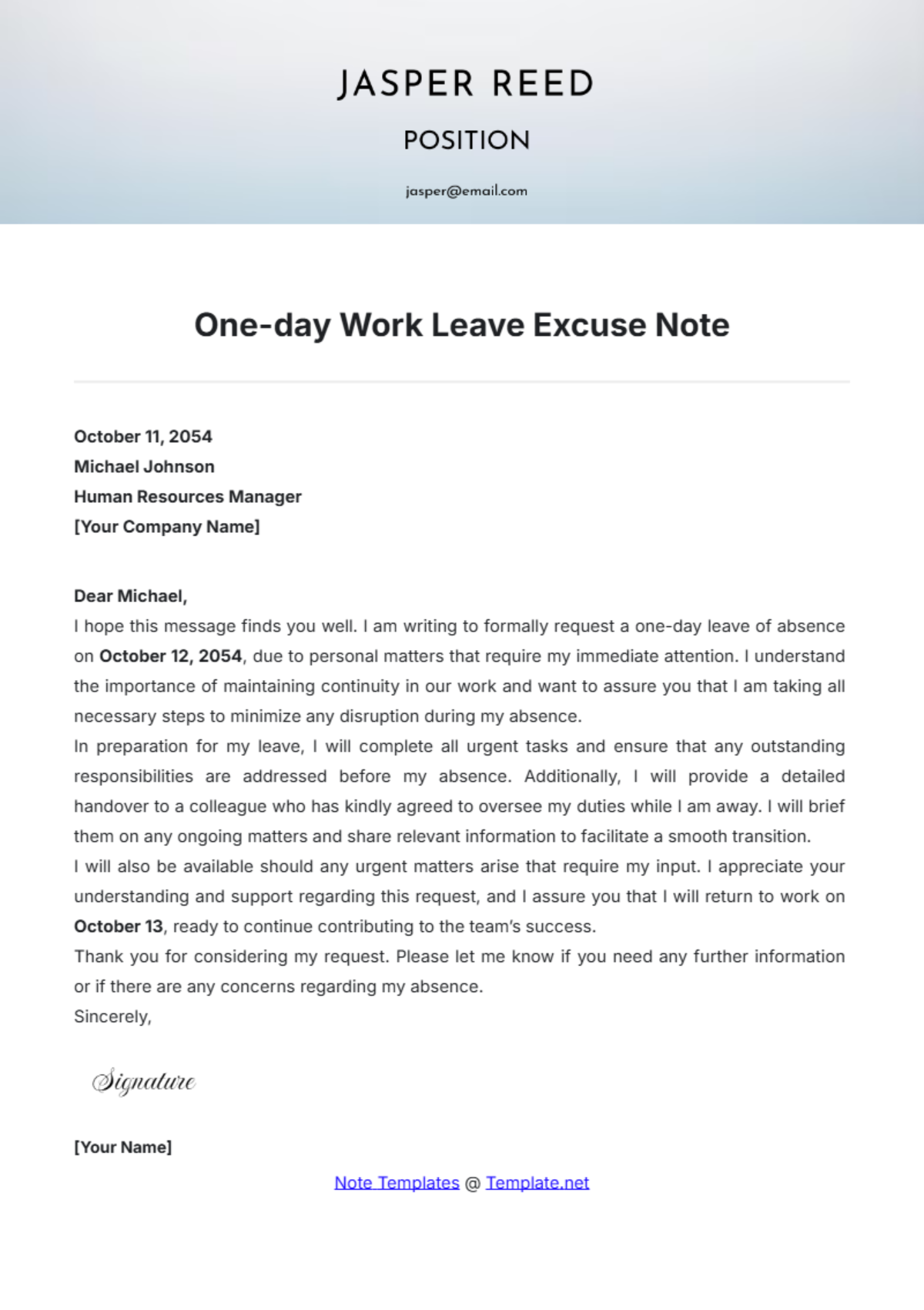 One-day Work Leave Excuse Note Template - Edit Online & Download