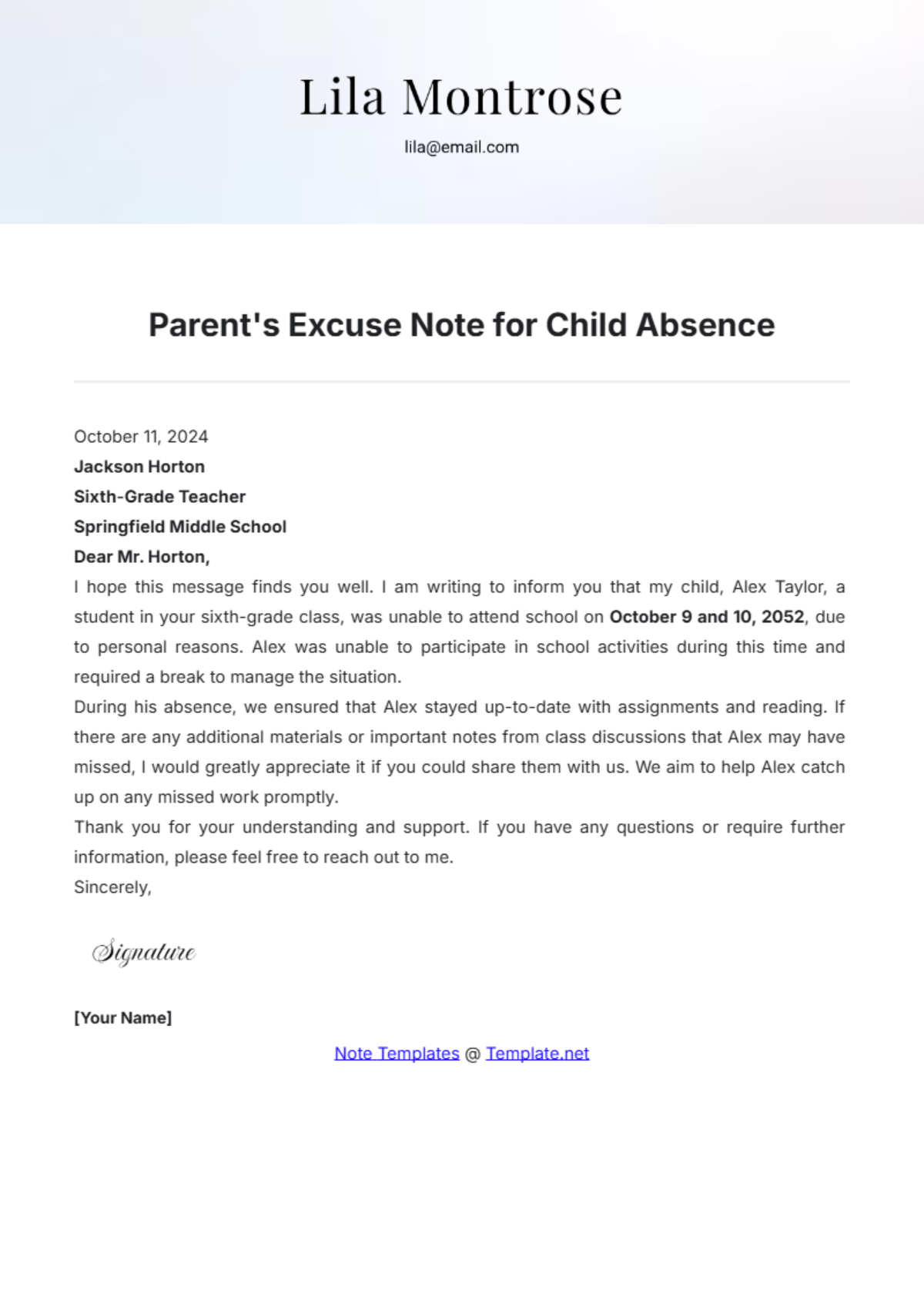 Parents Excuse Note for Child Absence Template - Edit Online & Download