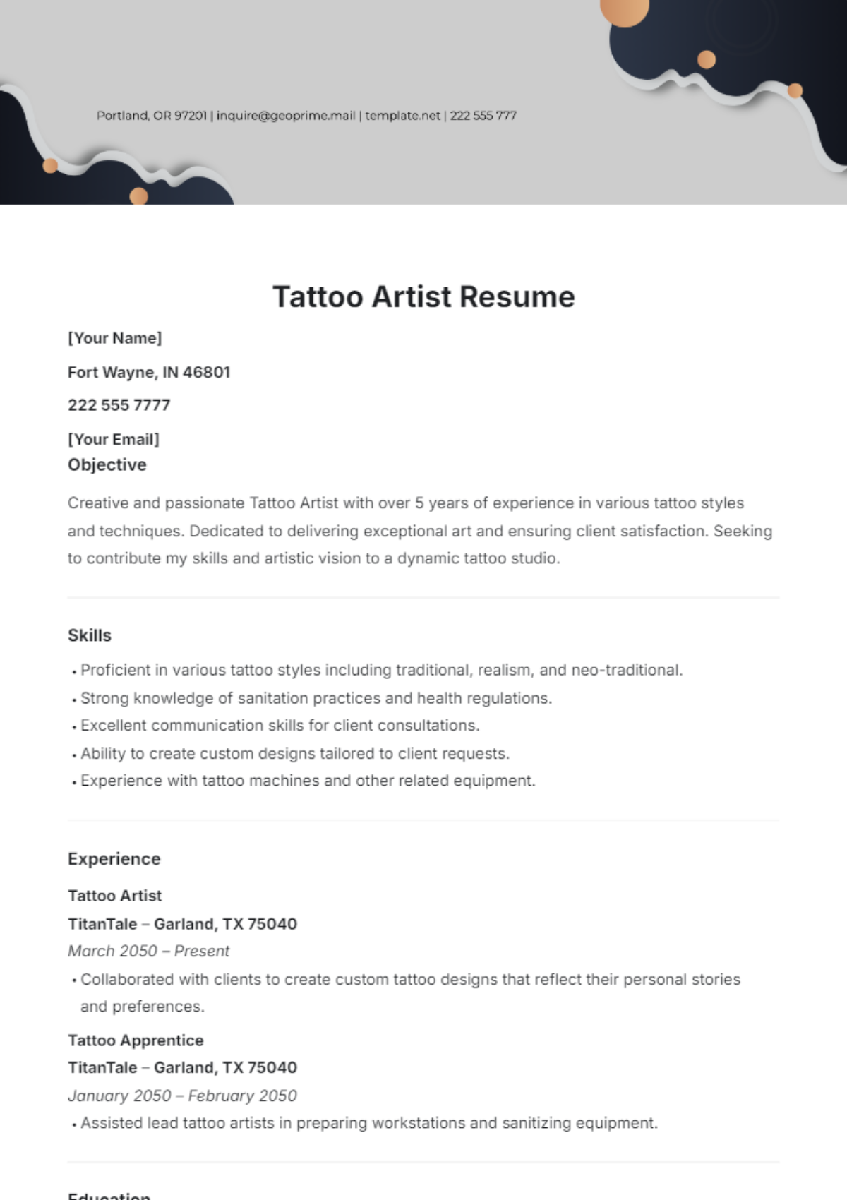 Tattoo Artist Resume Template - Edit Online & Download