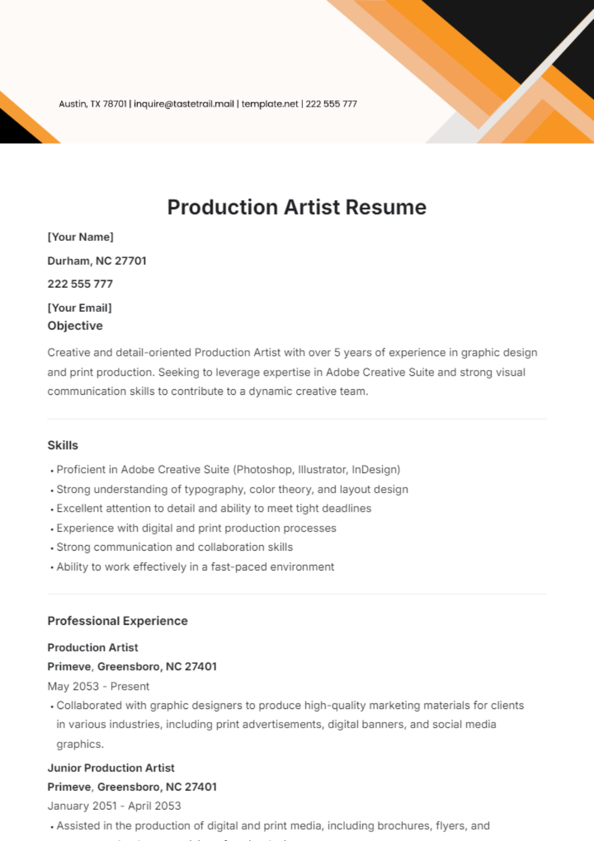 Production Artist Resume Template - Edit Online & Download