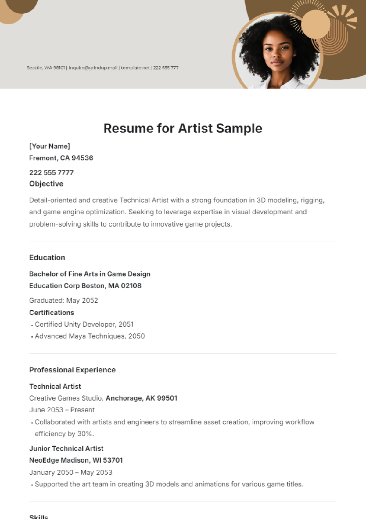 Resume for Artist Sample Template - Edit Online & Download