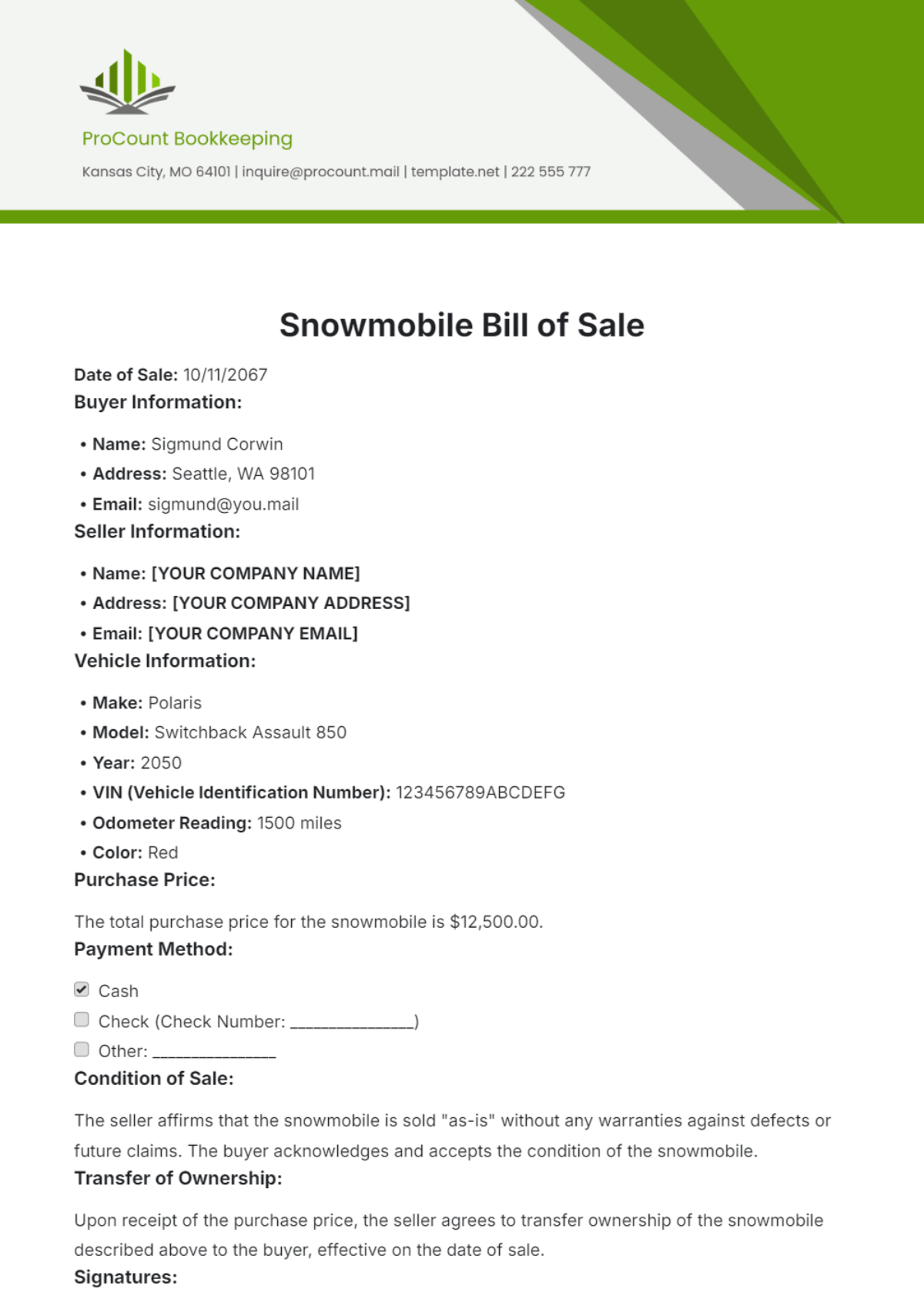 Snowmobile Bill of Sale Template - Edit Online & Download