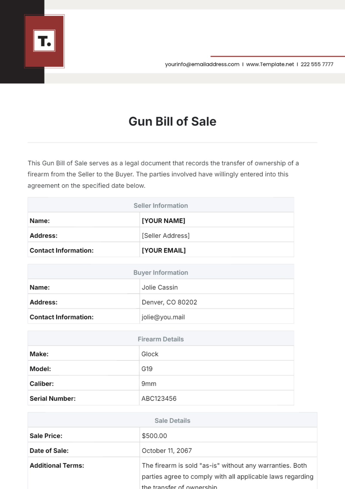 Gun Bill of Sale Template - Edit Online & Download