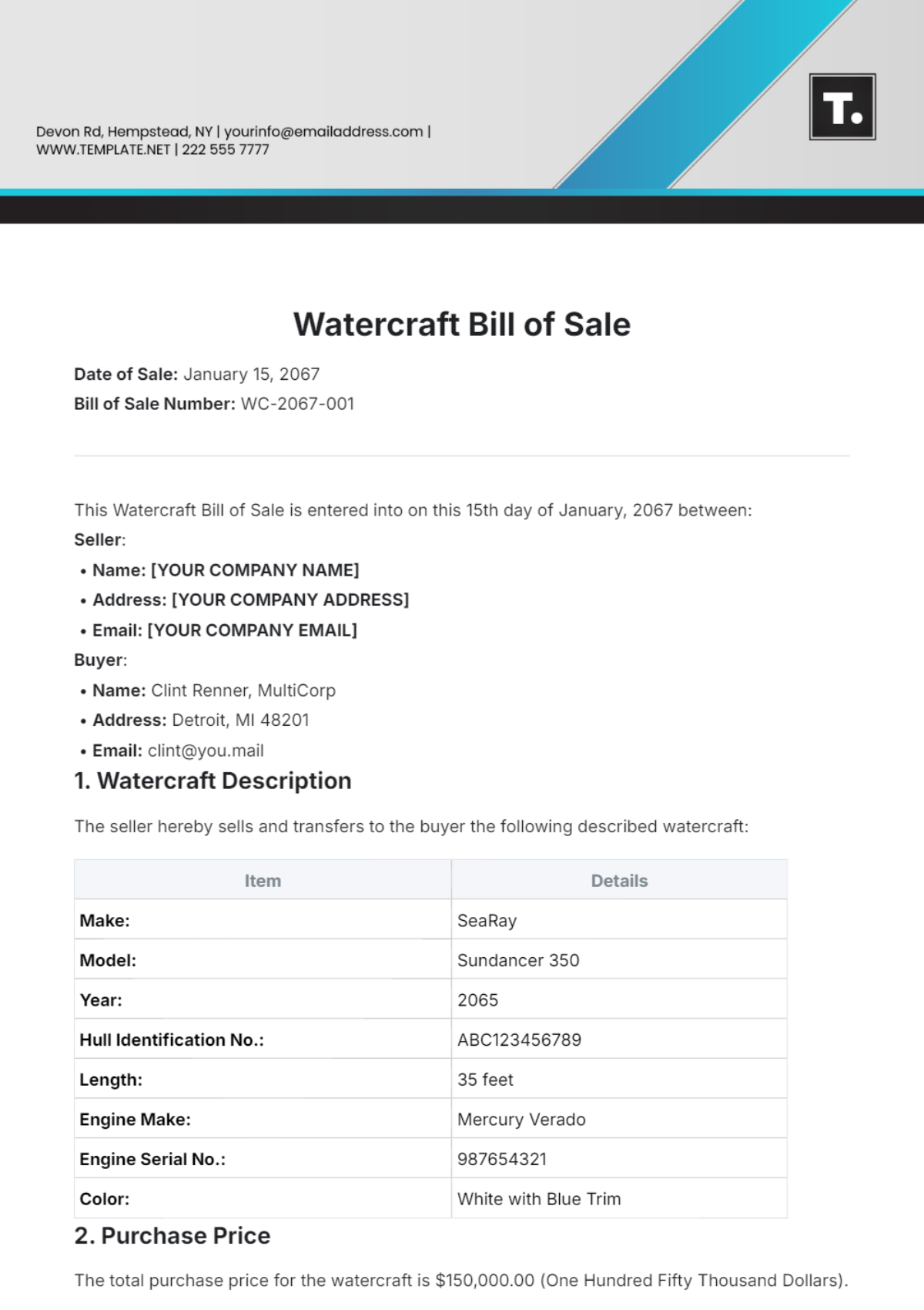 Watercraft Bill of Sale Template - Edit Online & Download