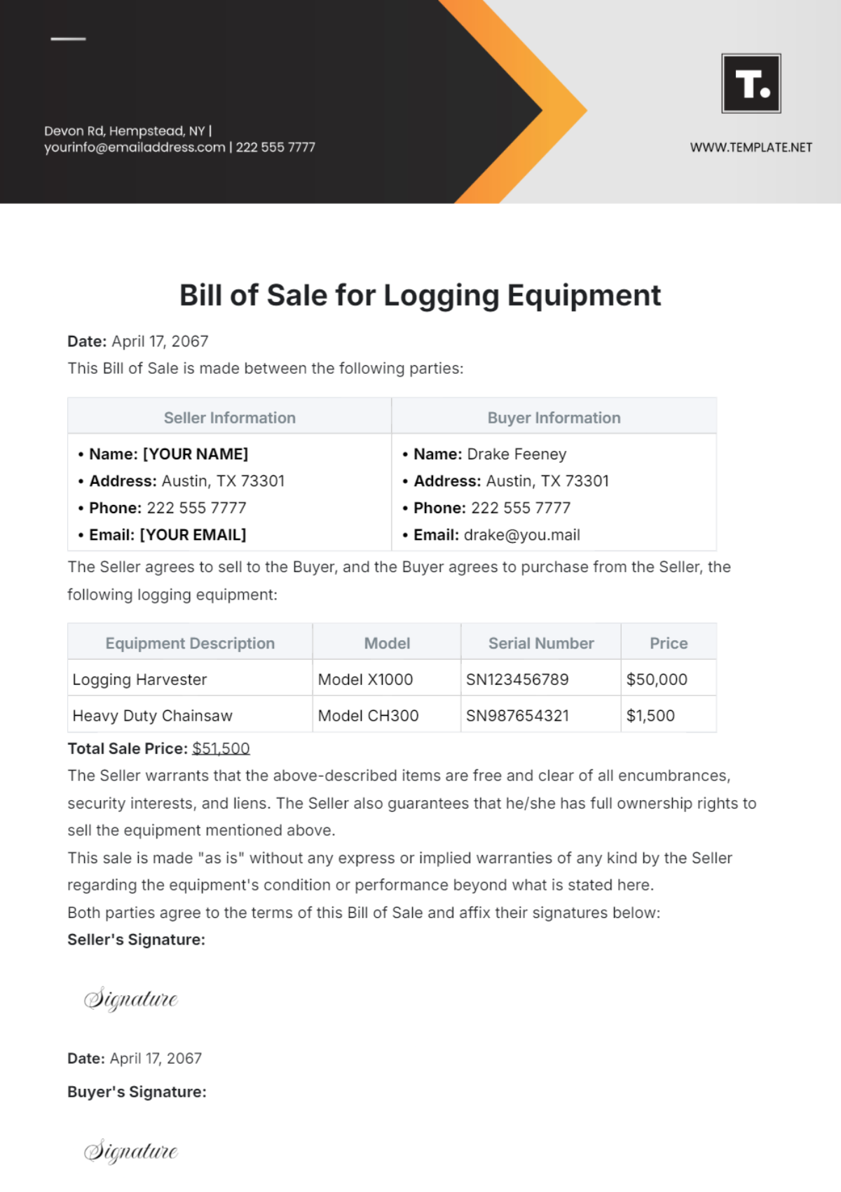 Bill of Sale for Logging Equipment Template - Edit Online & Download