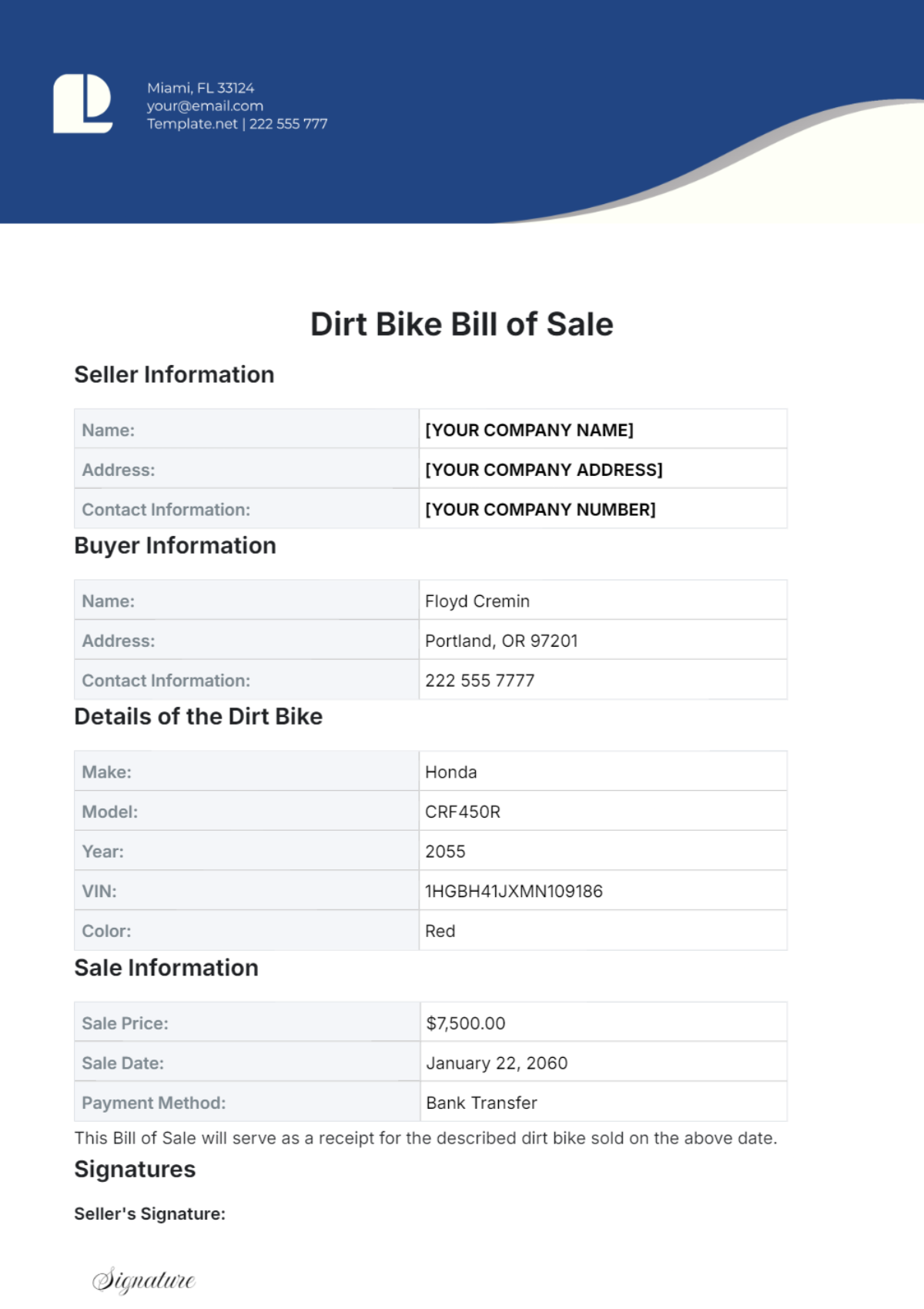 Dirt Bike Bill of Sale Template - Edit Online & Download