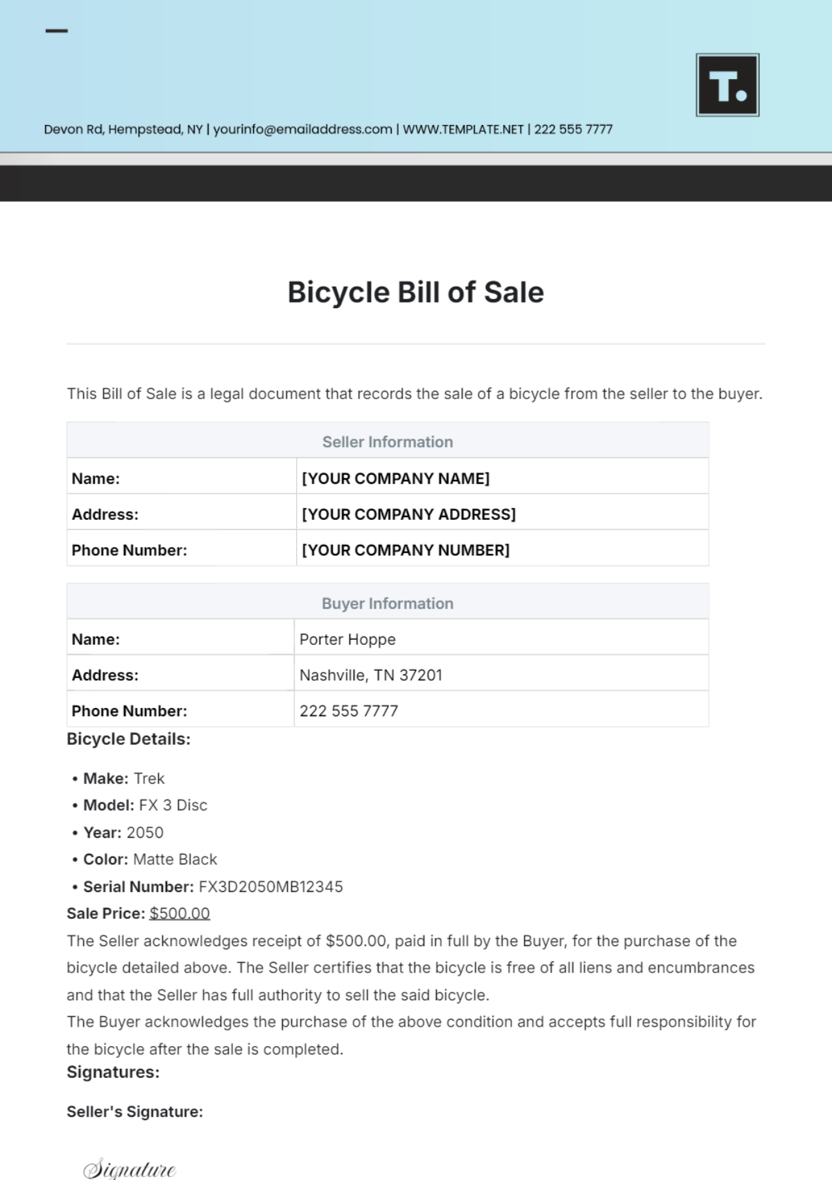 Bicycle Bill of Sale Template - Edit Online & Download