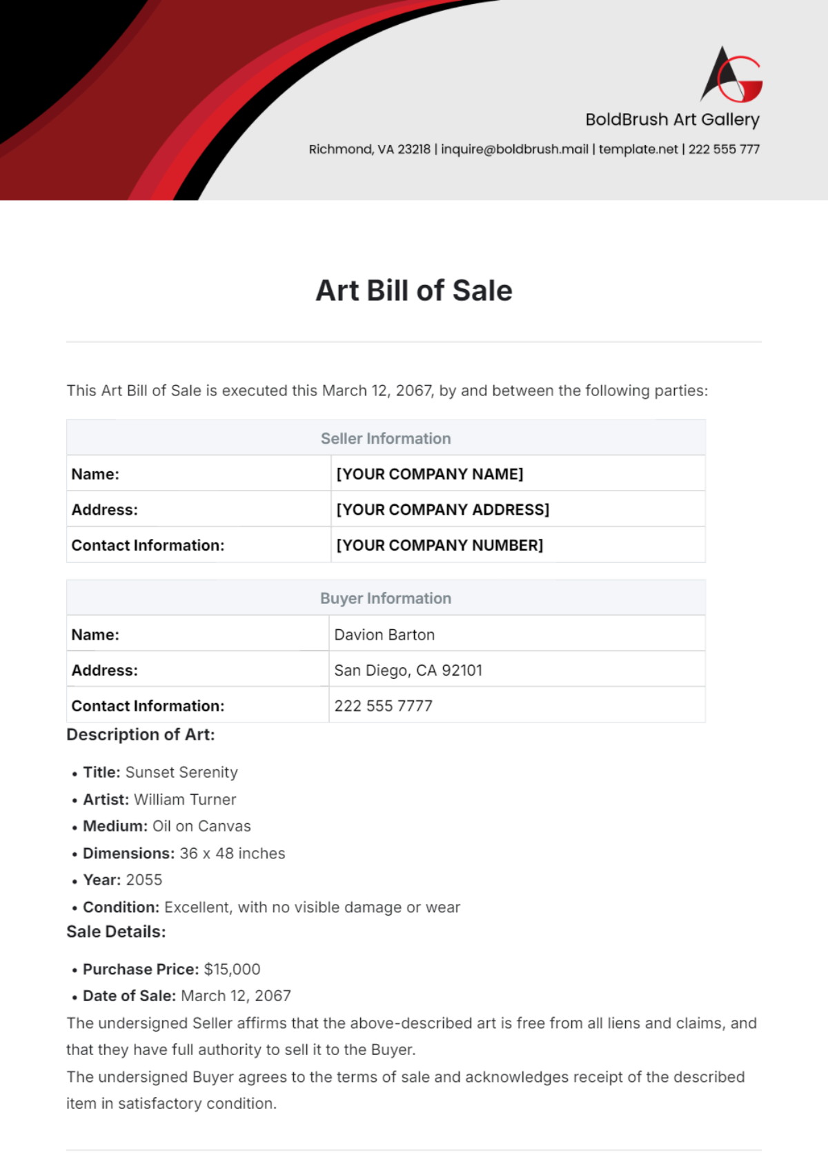 Art Bill of Sale Template - Edit Online & Download