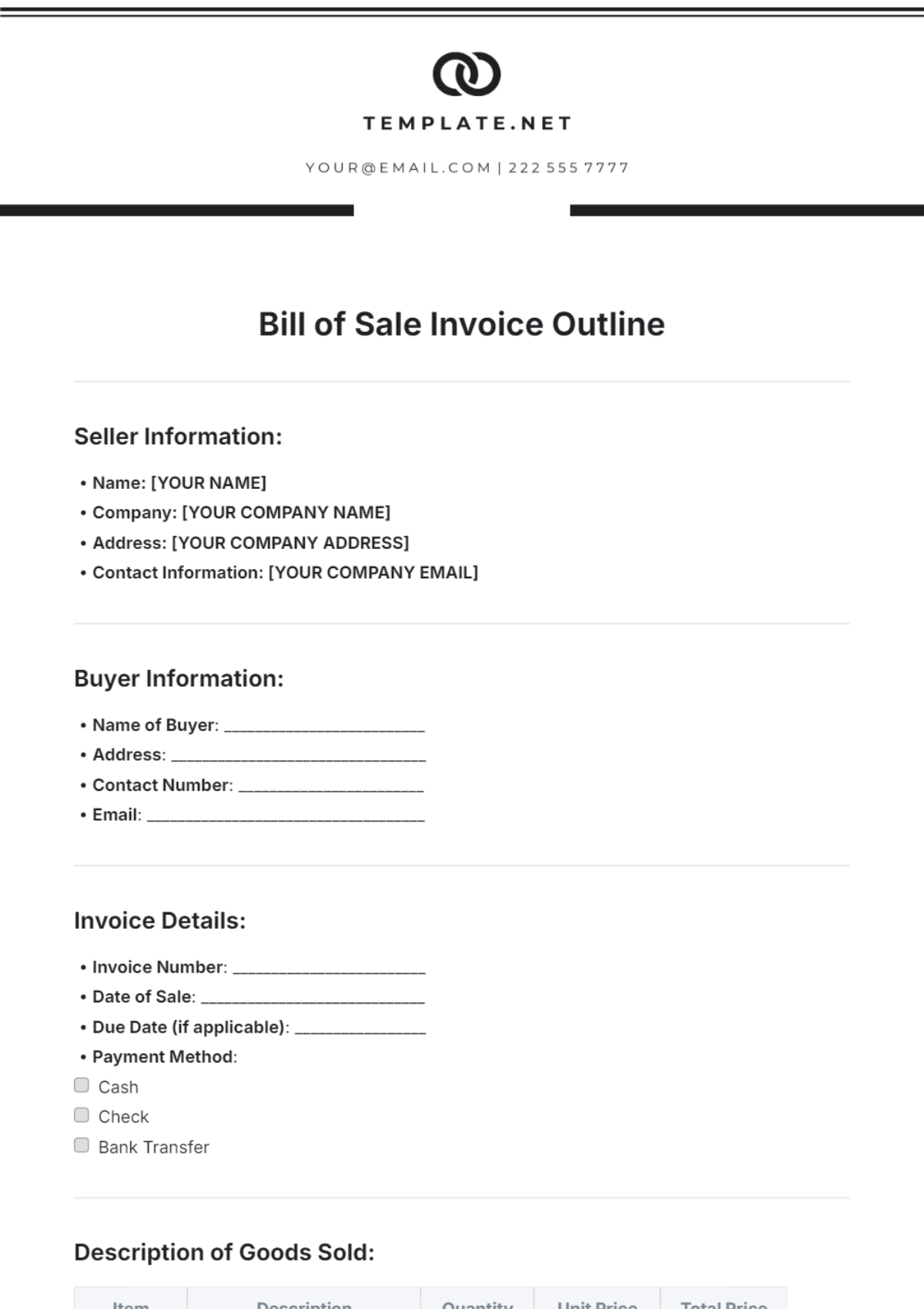 Bill of Sale Invoice Outline Template - Edit Online & Download