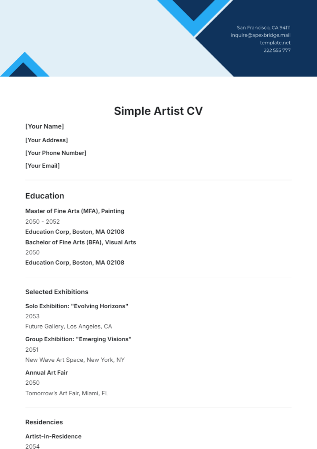 Simple Artist CV Template - Edit Online & Download