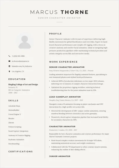 Free Animator ATS Resume Template, AI Resume Builder
