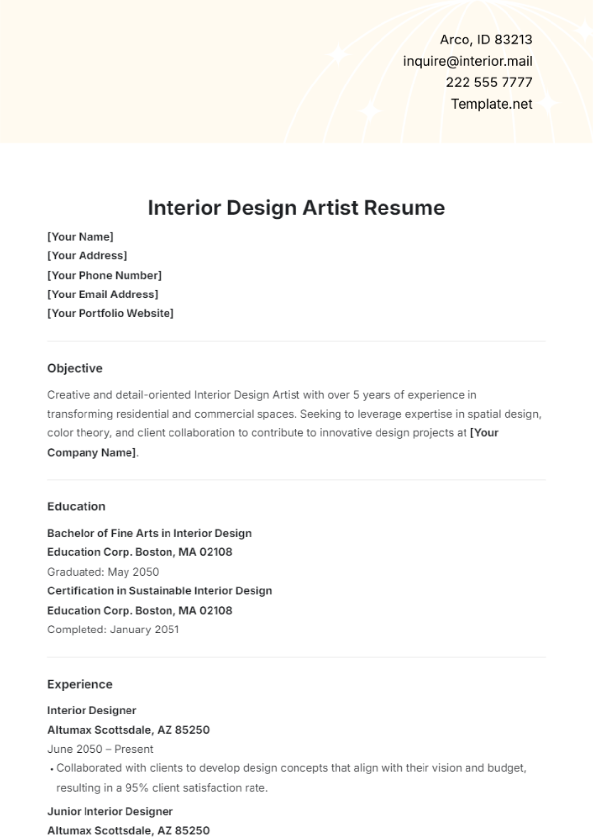 Interior Design Artist Resume Template - Edit Online & Download