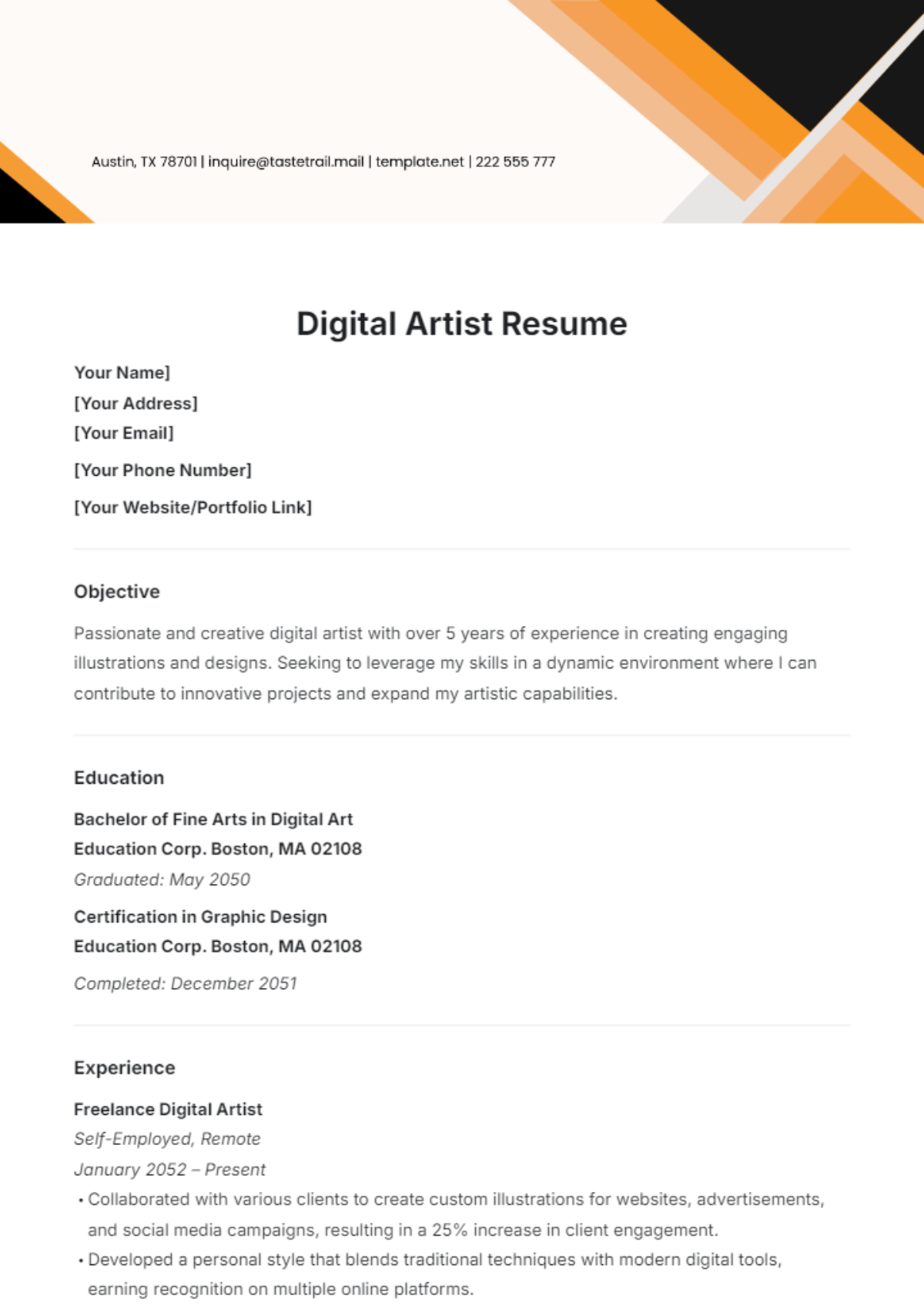 Digital Artist Resume Template - Edit Online & Download