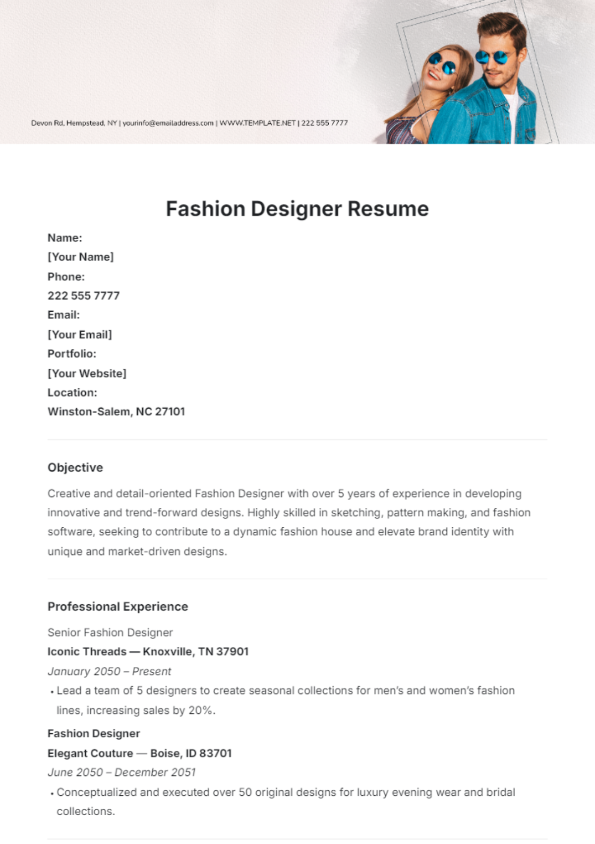 Fashion Designer Resume Template - Edit Online & Download