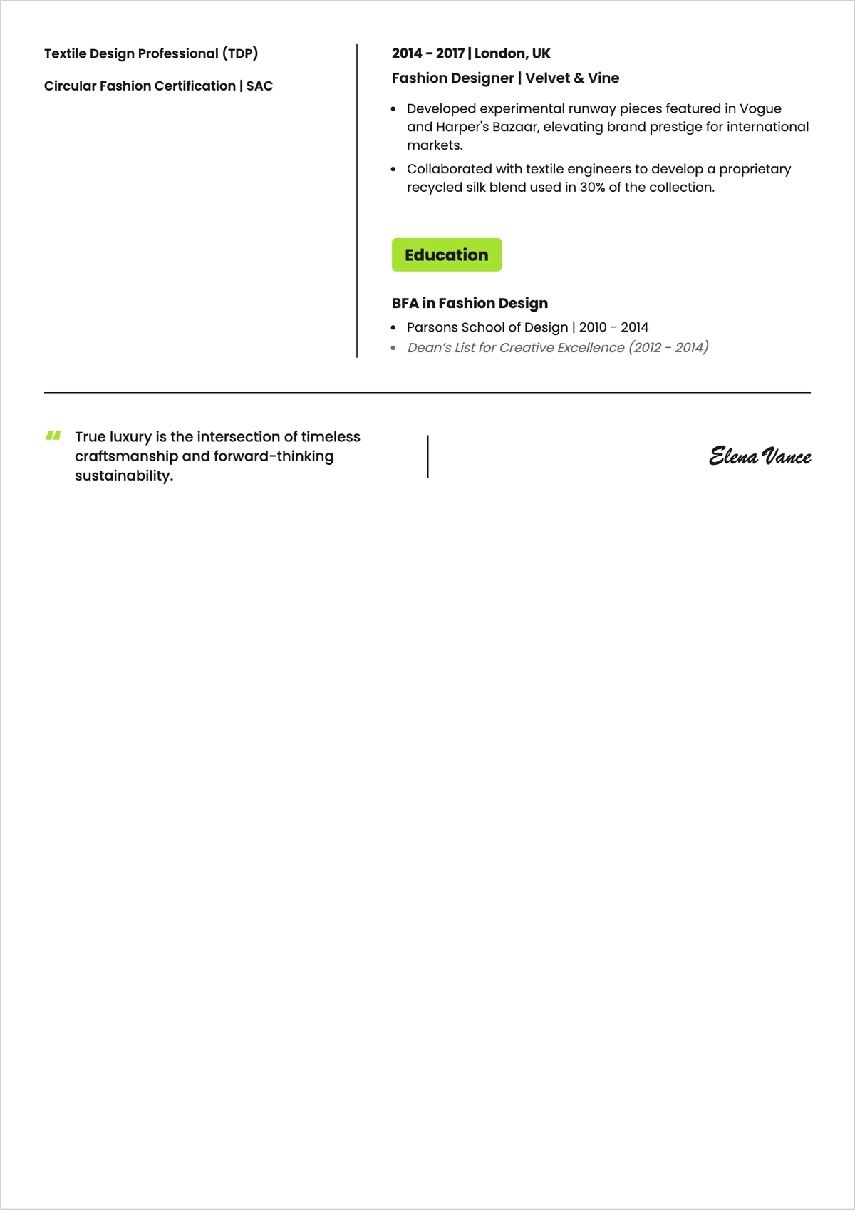 Free Fashion Designer ATS Resume Template, AI Resume Builder