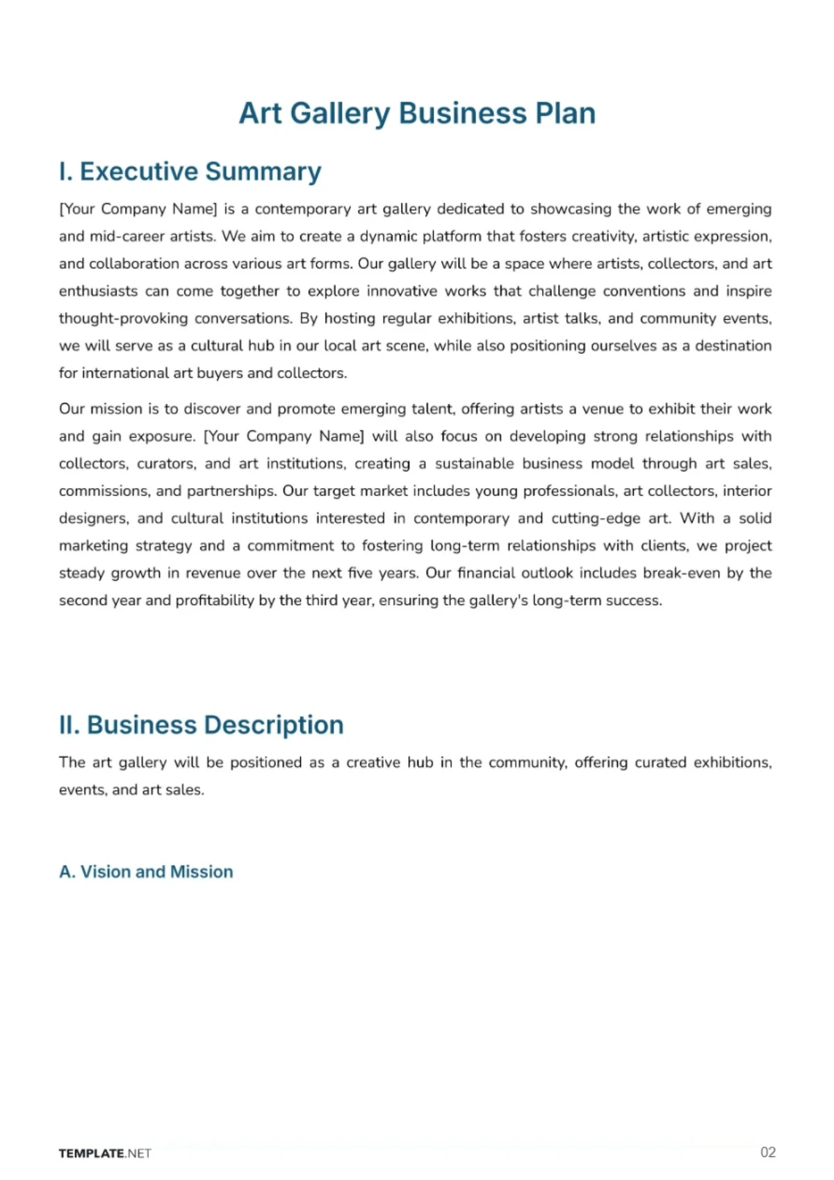 Free Art Gallery Business Plan Template to Edit Online