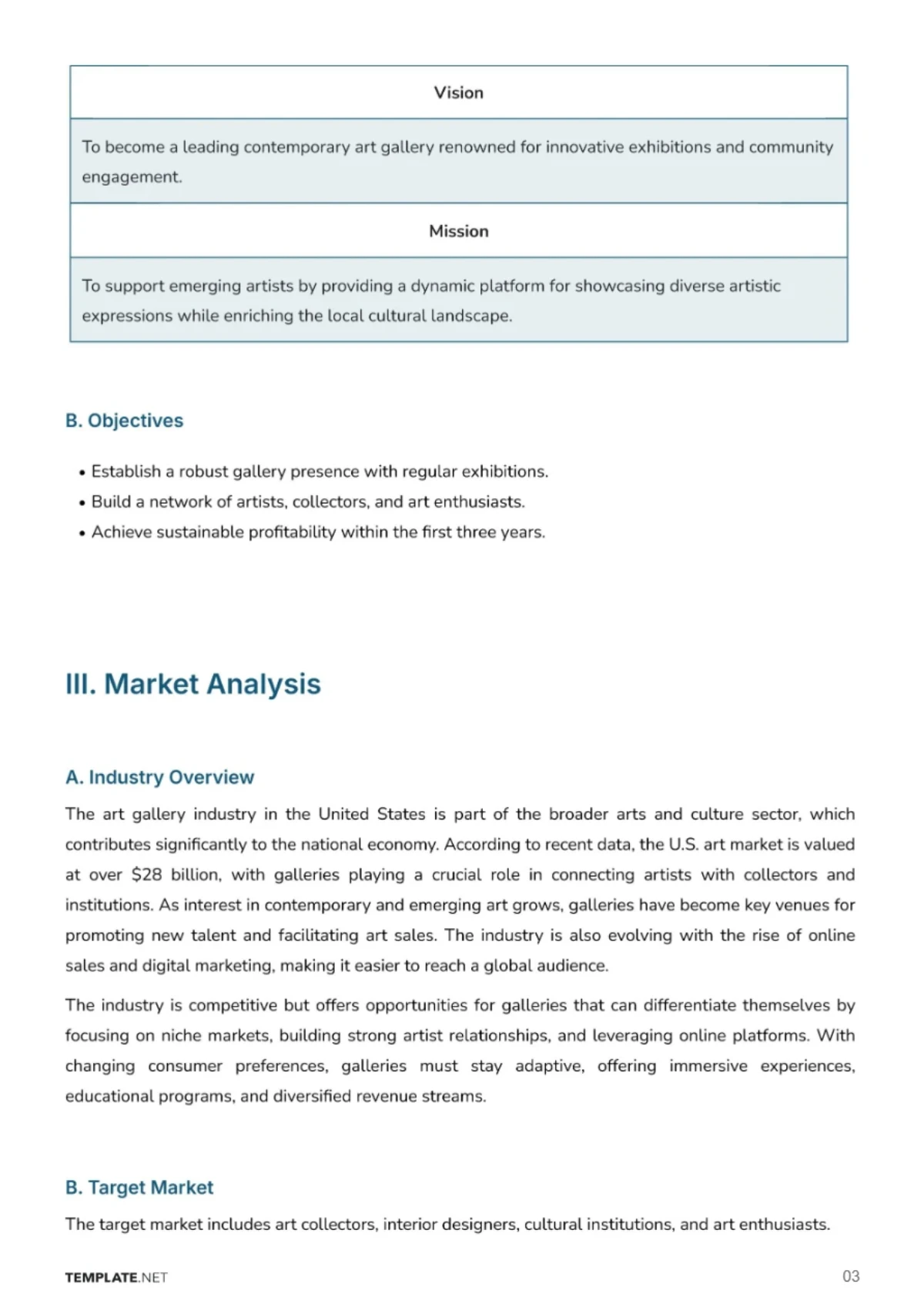 Free Art Gallery Business Plan Template to Edit Online