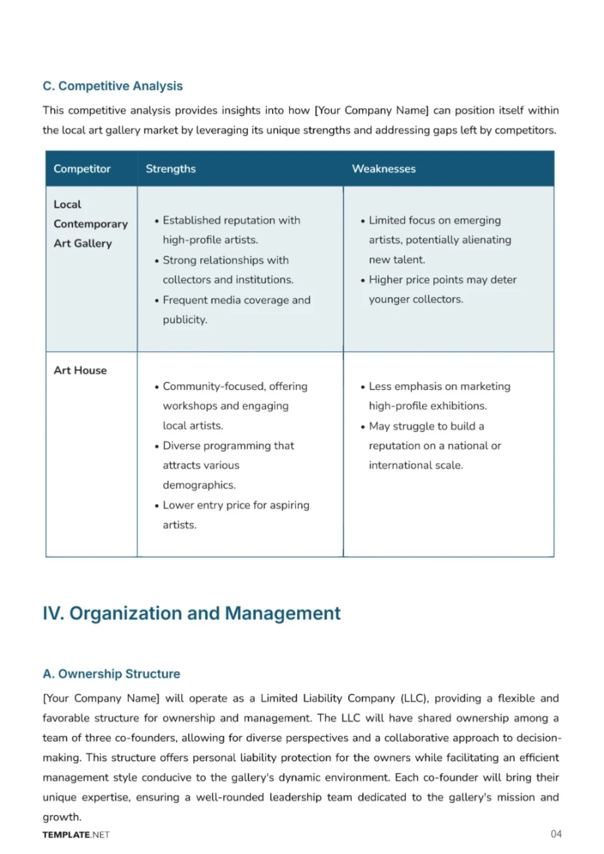 Free Art Gallery Business Plan Template to Edit Online