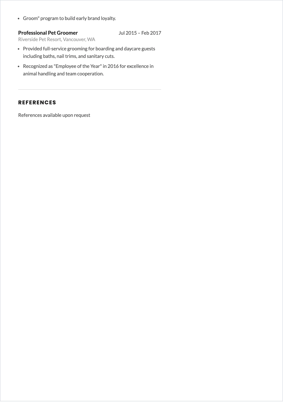 Free Dog Grooming ATS Resume Template, AI Resume Builder