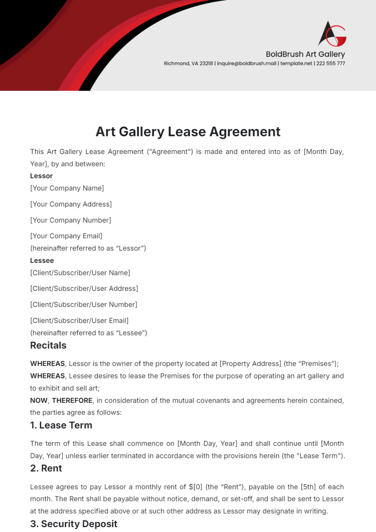 Art Gallery Lease Agreement Template - Edit Online & Download