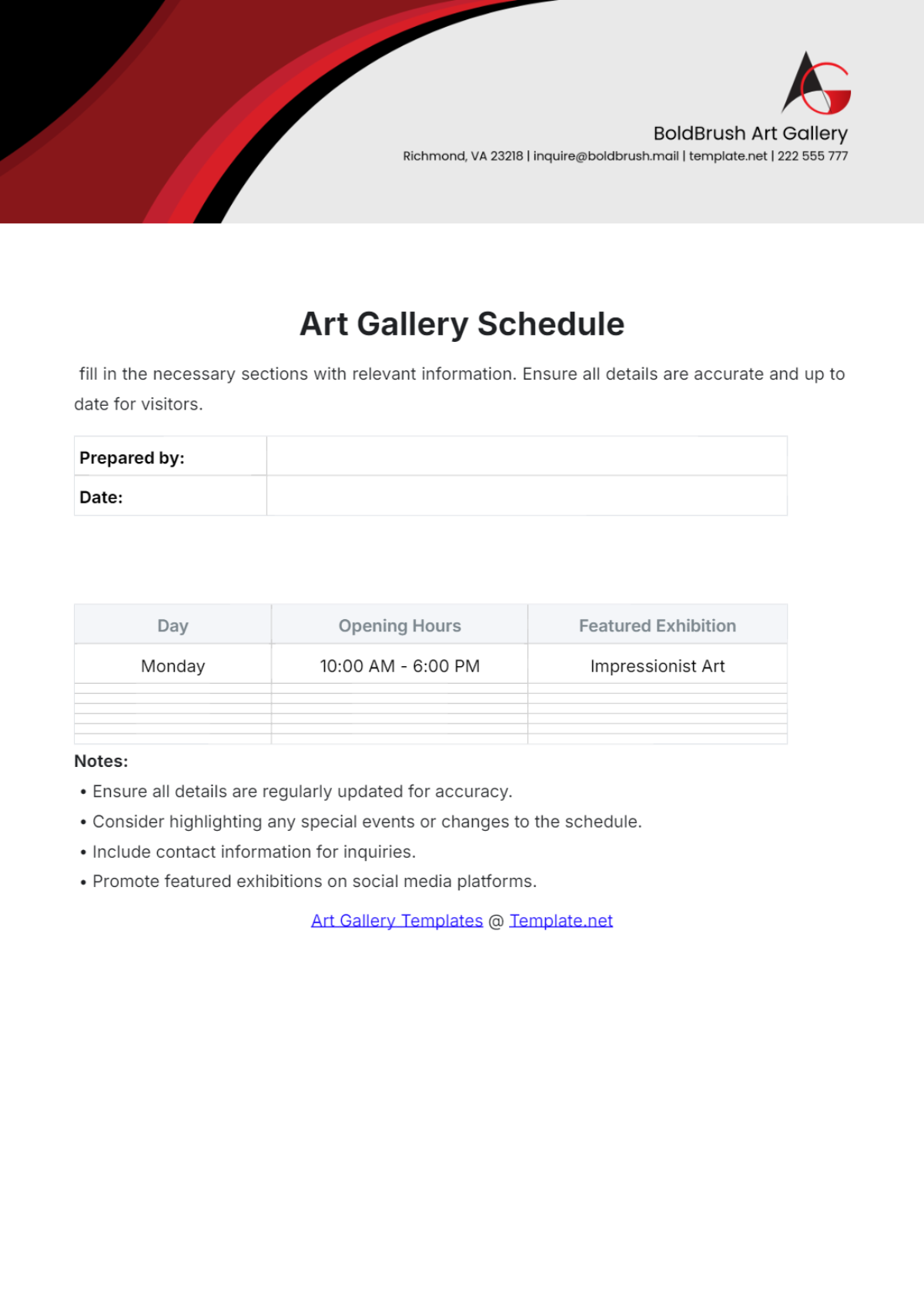 Art Gallery Schedule Template - Edit Online & Download