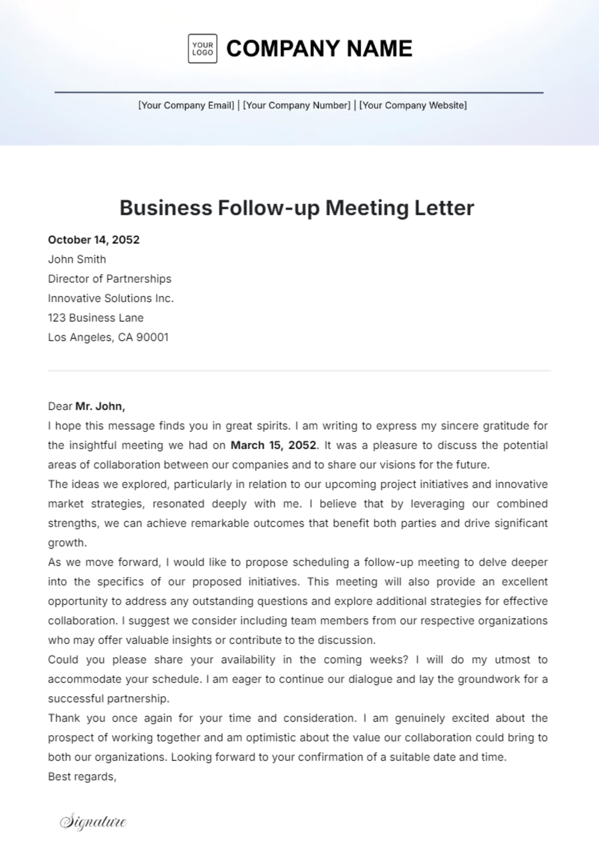 Business Follow-up Meeting Letter Template - Edit Online & Download