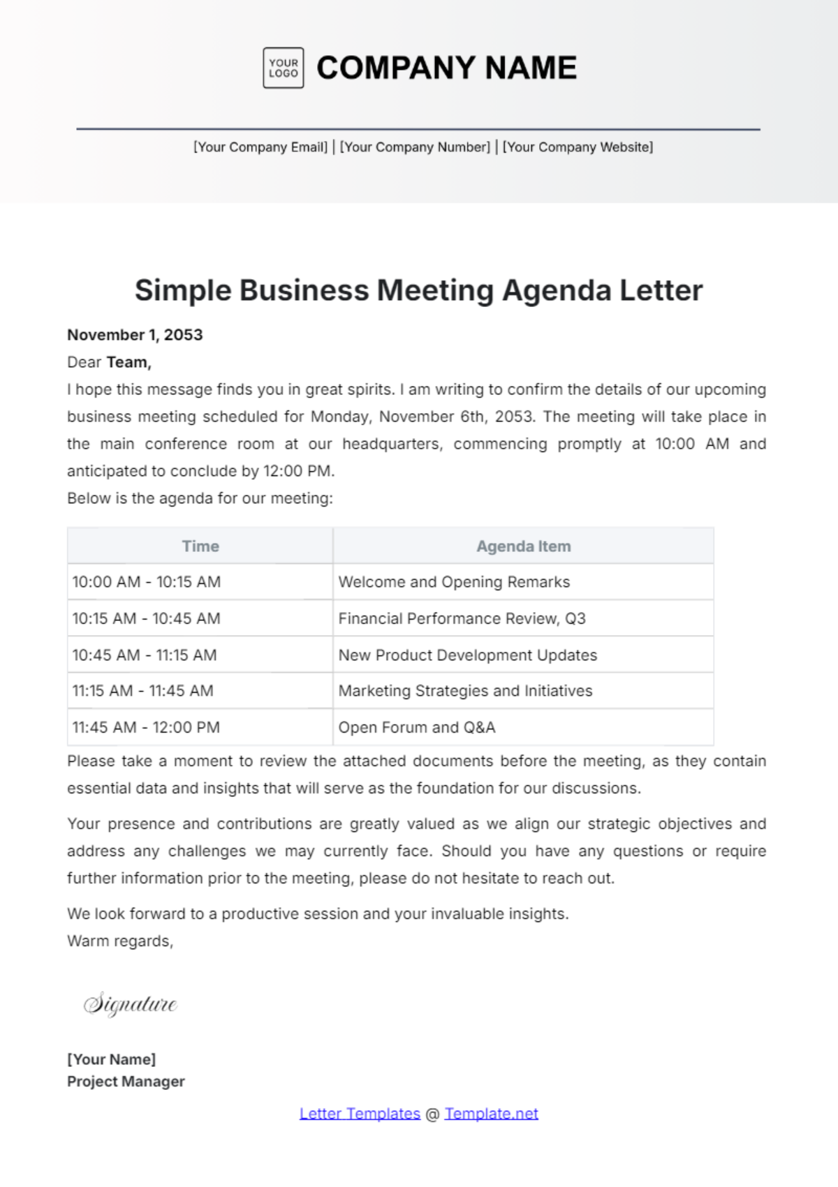 Simple Business Meeting Agenda Letter Template - Edit Online & Download